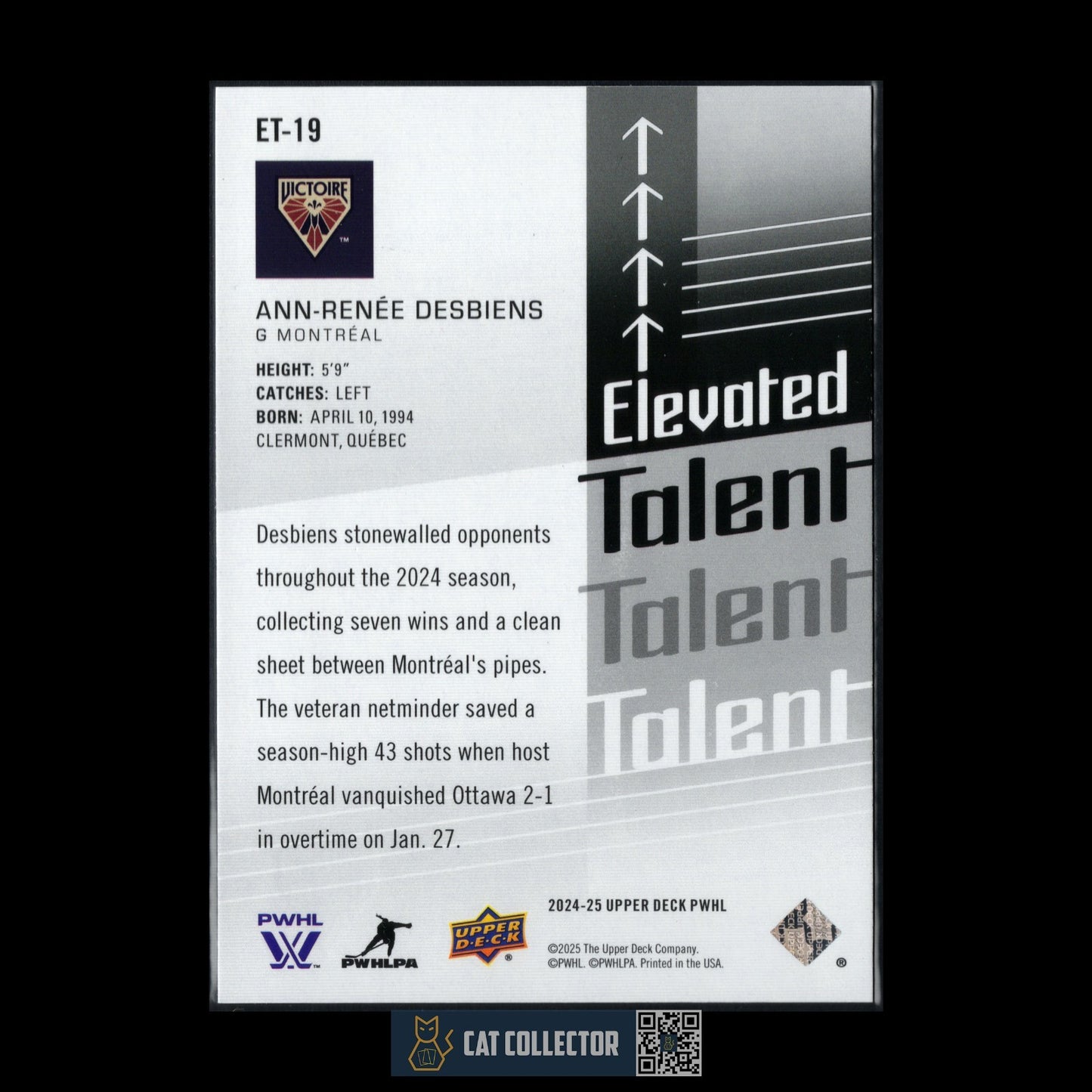 2024-25 UD PWHL ANN-RENEE DESBIENS #ET-19 Elevated Talent - Montreal Victoire