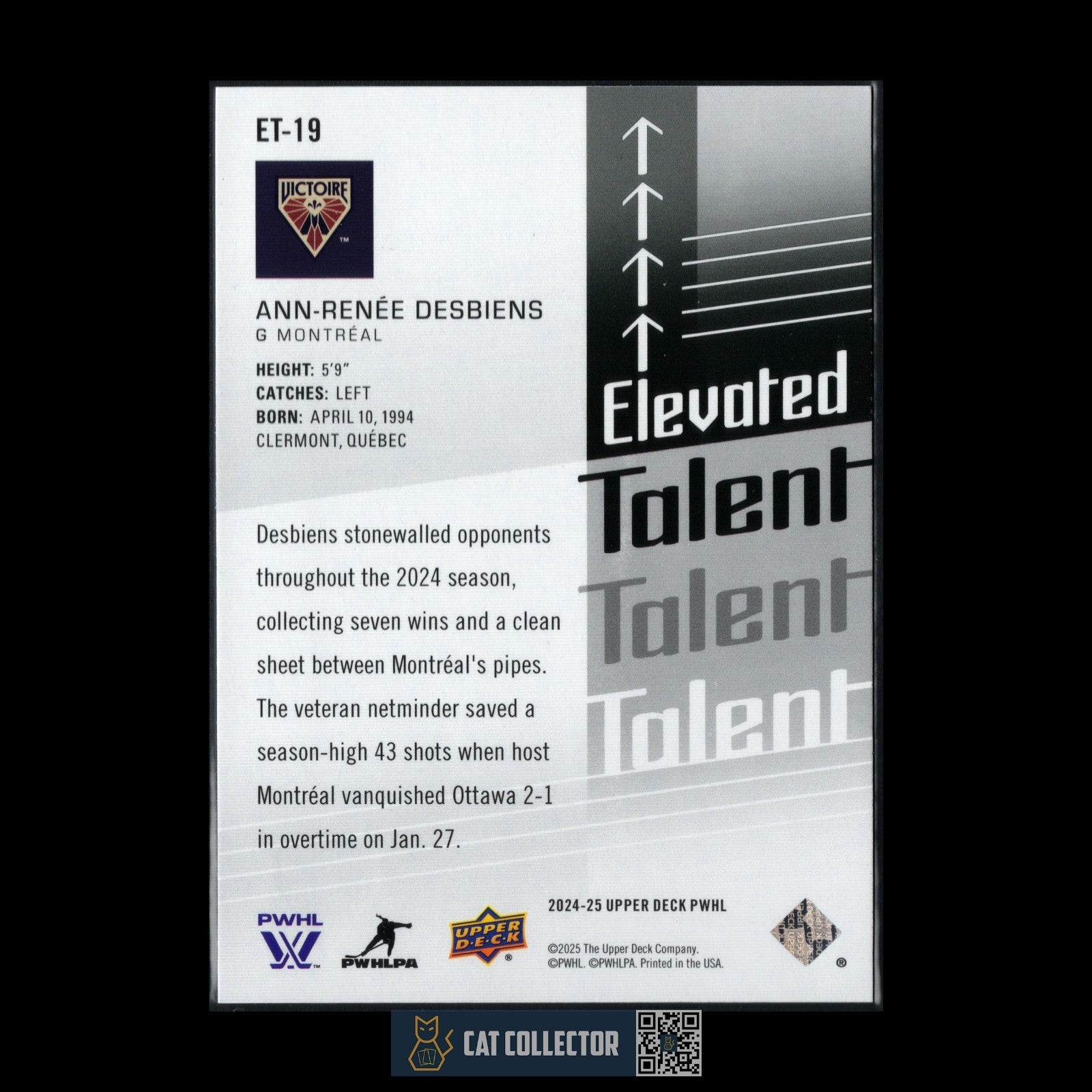 2024-25 UD PWHL ANN-RENEE DESBIENS #ET-19 Elevated Talent - Montreal Victoire