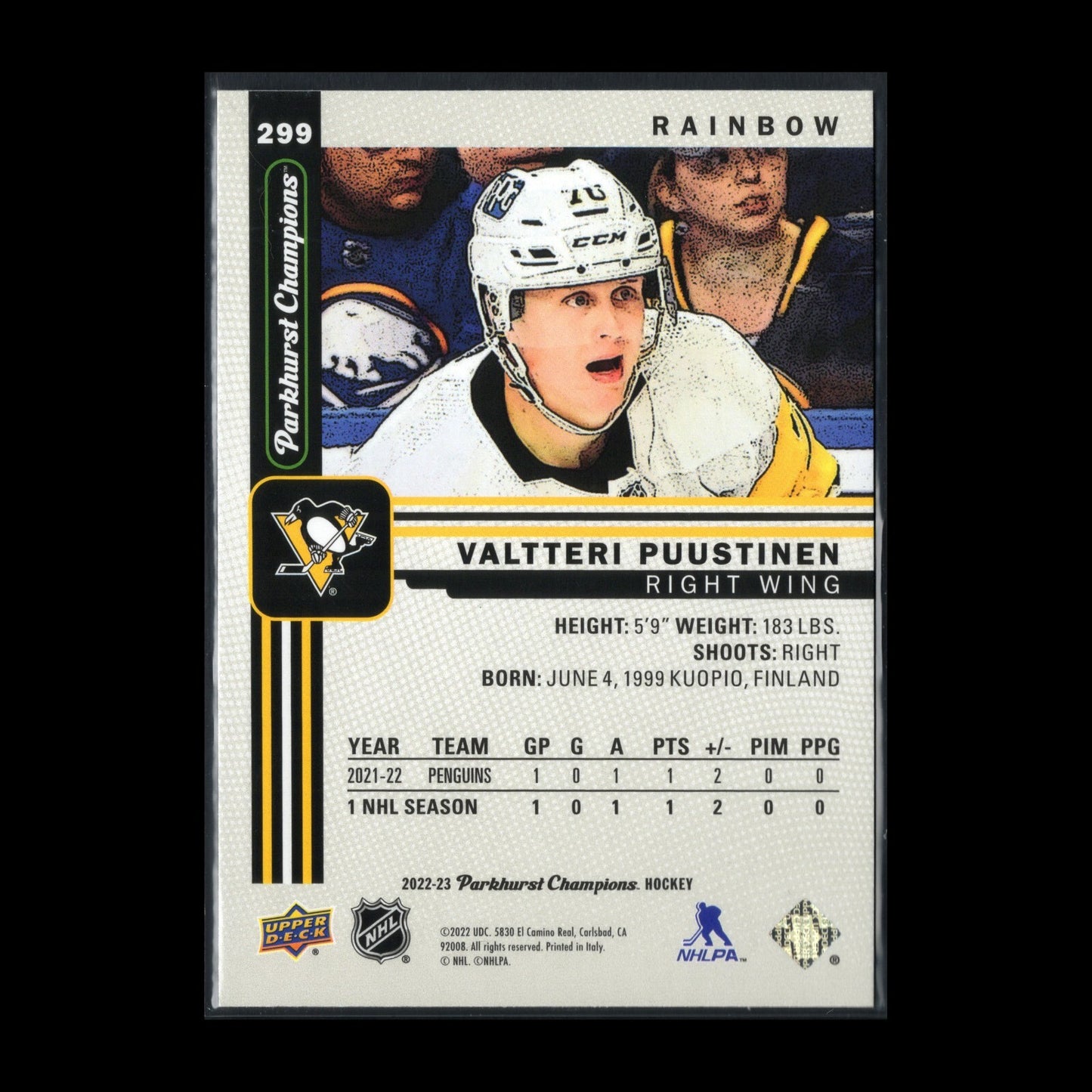 2022-23 UD Parkhurst Champions VALTTERI PUUSTINEN #299 Rainbow Rookie