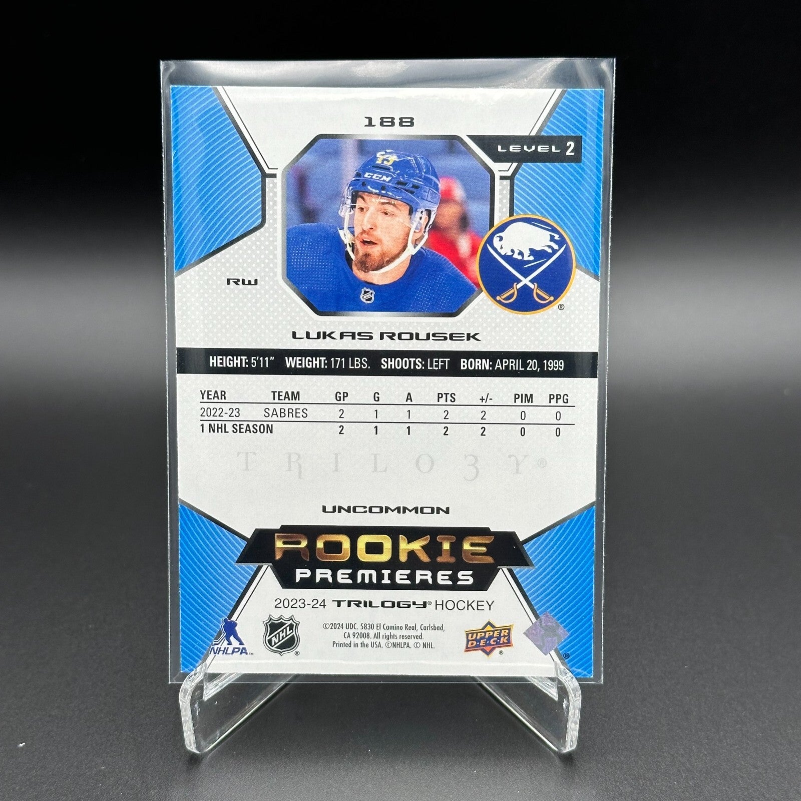 2023-24 UD Trilogy LUKAS ROUSEK #188 Rookie Premieres Level 2 RC /699