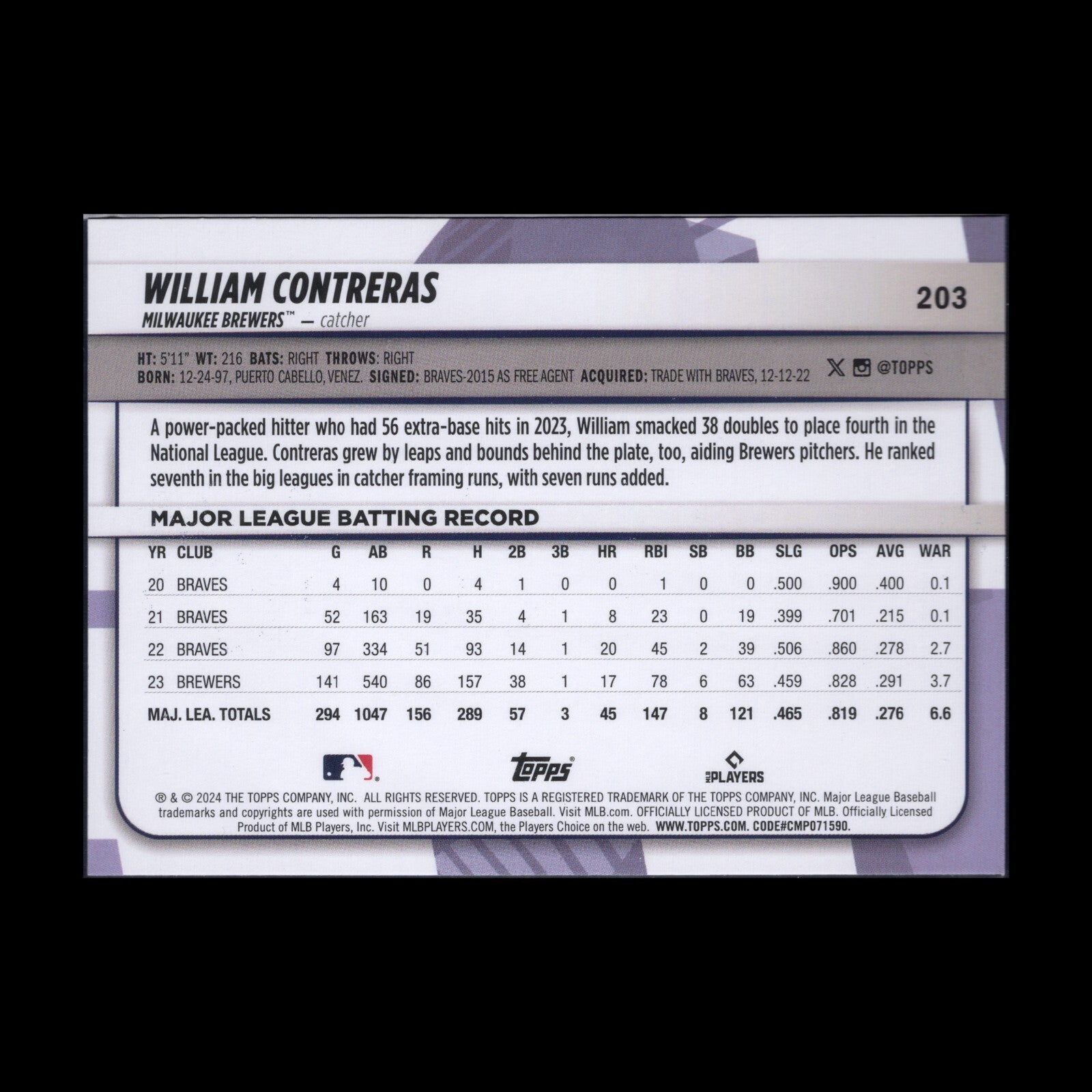 2024 Topps Big League WILLIAM CONTREBAS #203 Rainbow foil - Milwaukee Brewers