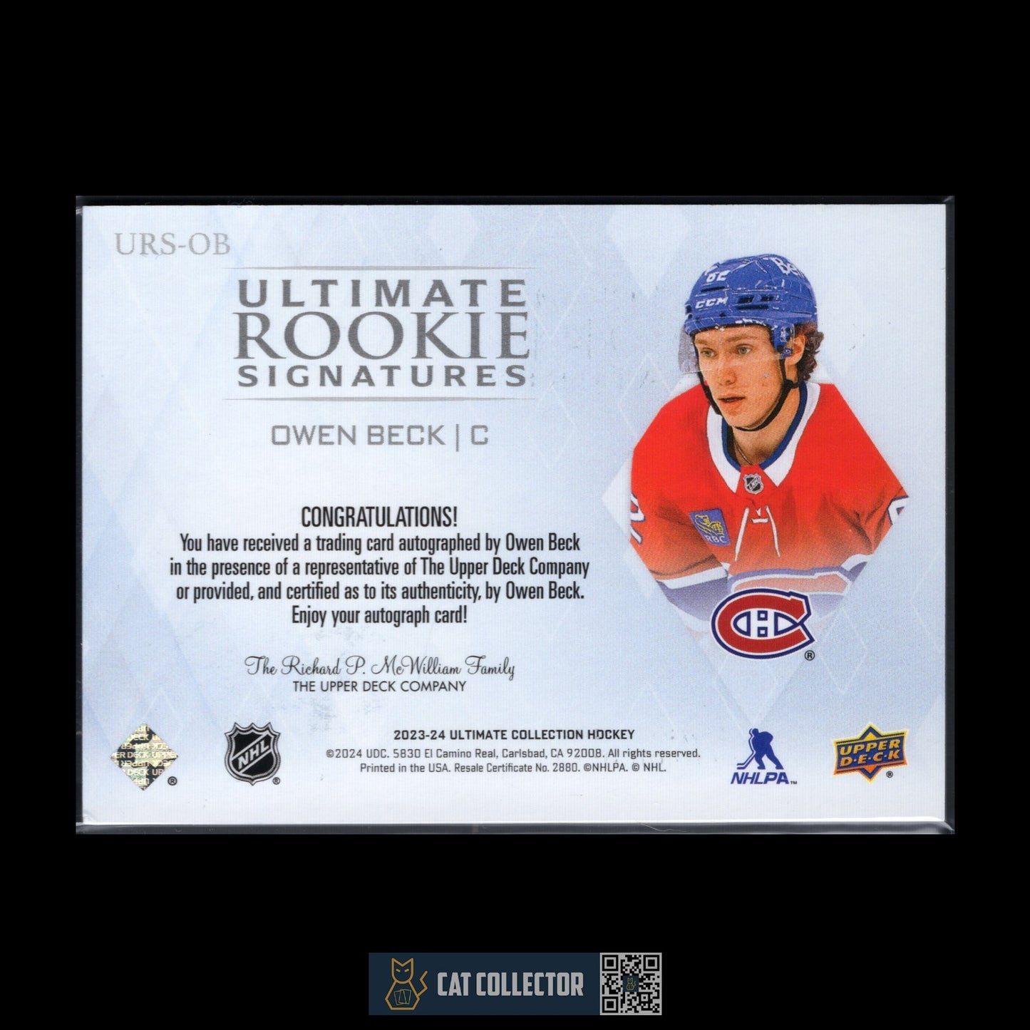 2023-24 UD Ultimate Collection OWEN BECK #URS-OB Ultimate Rookie Signatures RC