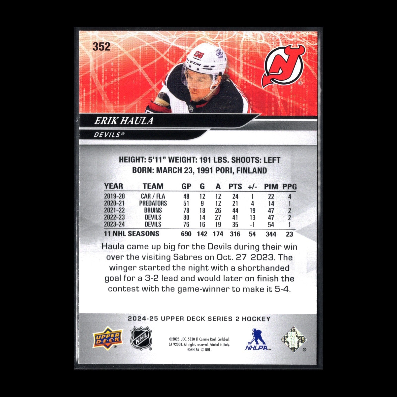 2024-25 UD Series 2 ERIK HAULA #352 Deluxe /250 - New Jersey Devils