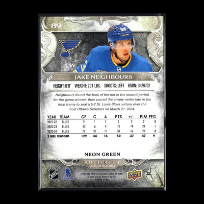2024-25 UD Artifacts JAKE NEIGHBOURS #89 Neon Green - St. Louis Blues