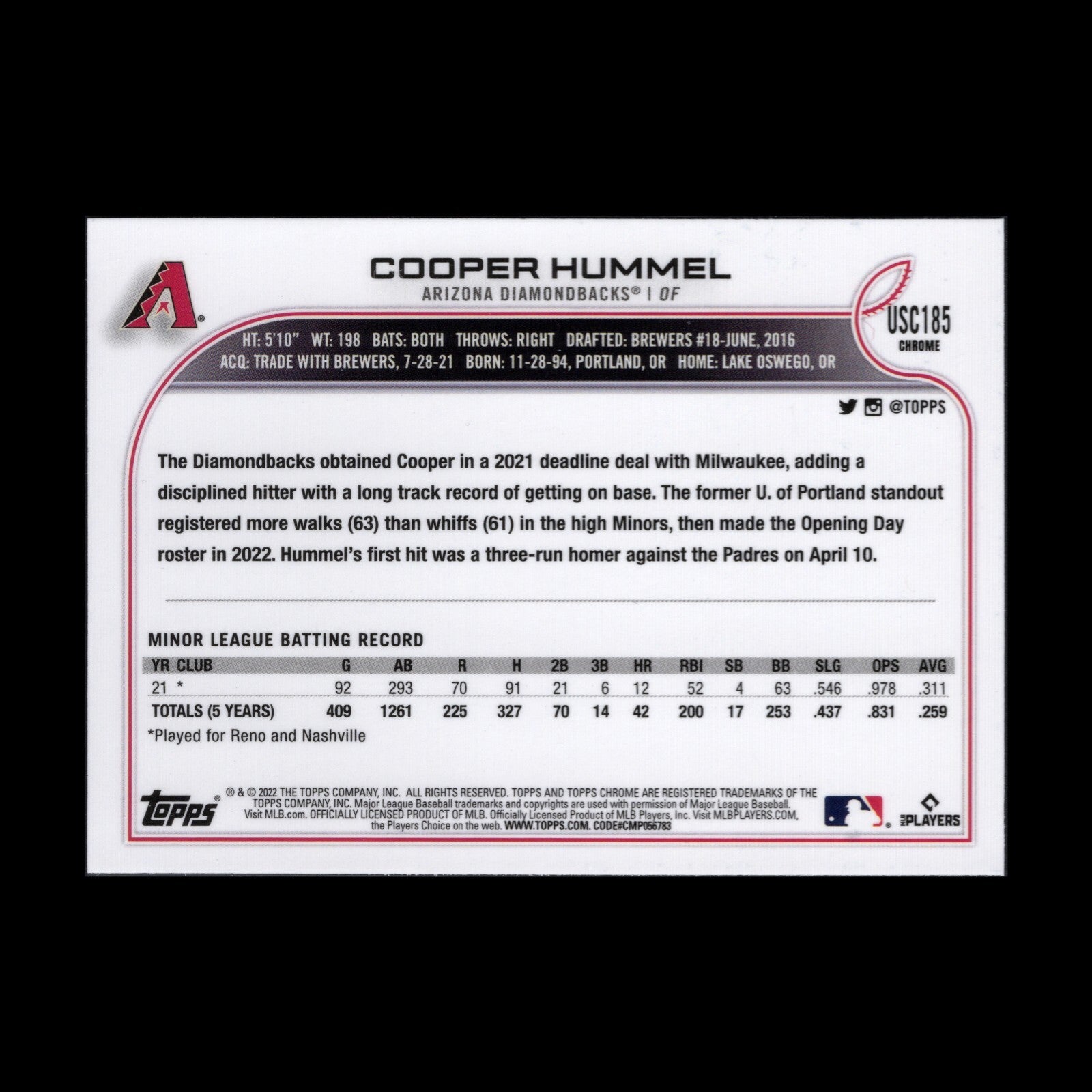 2022 Topps Chrome Updated Series COOPER HUMMEL #USC185 RC