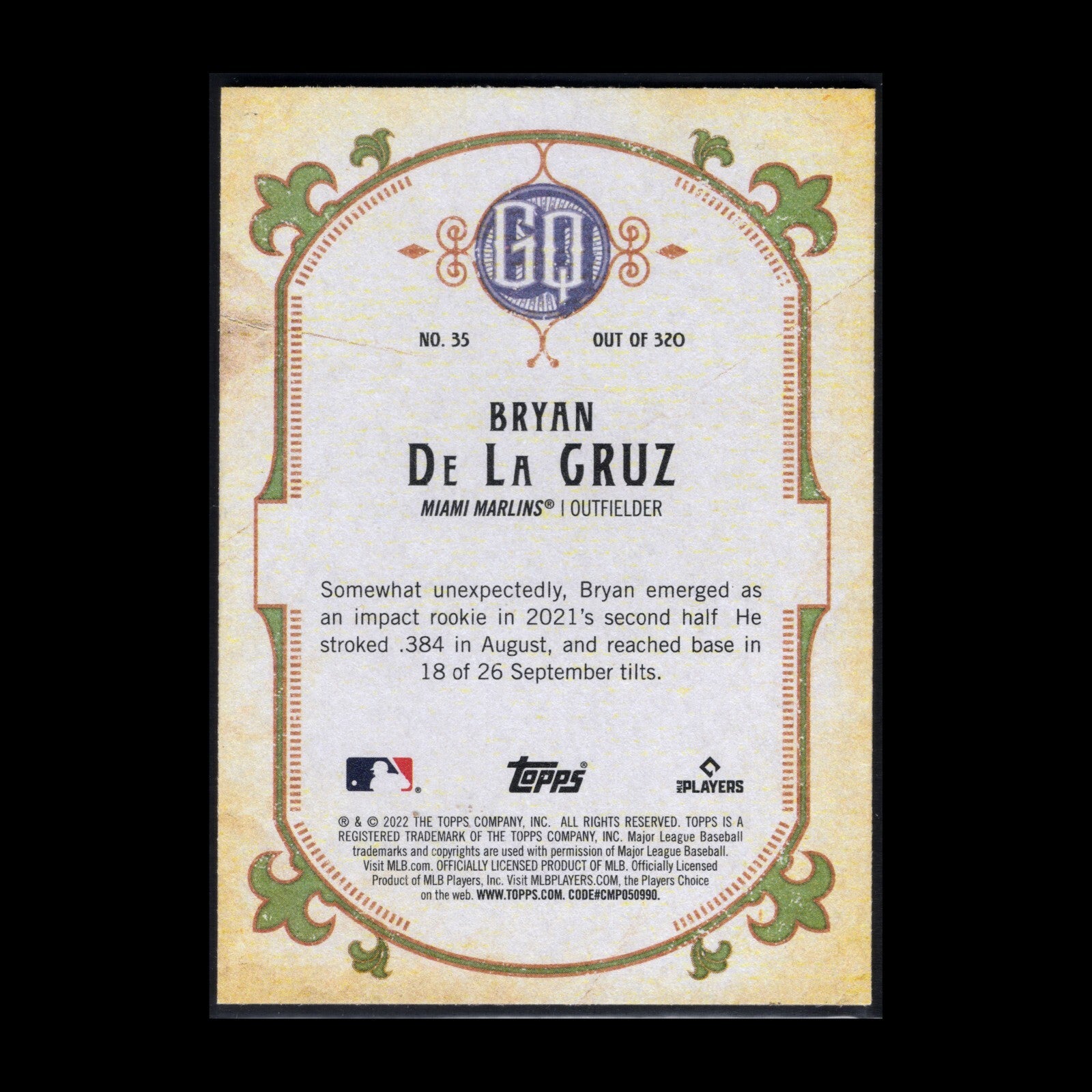 2022 Topps Gypsy Queen BRYAN DE LA CRUZ #35 Rookie RC - Miami Marlins