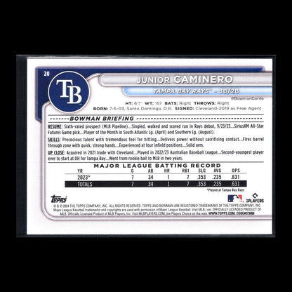 2024 Topps Bowman JUNIOR CAMINERO #20 Prospect RC - Tampa Bay Rays