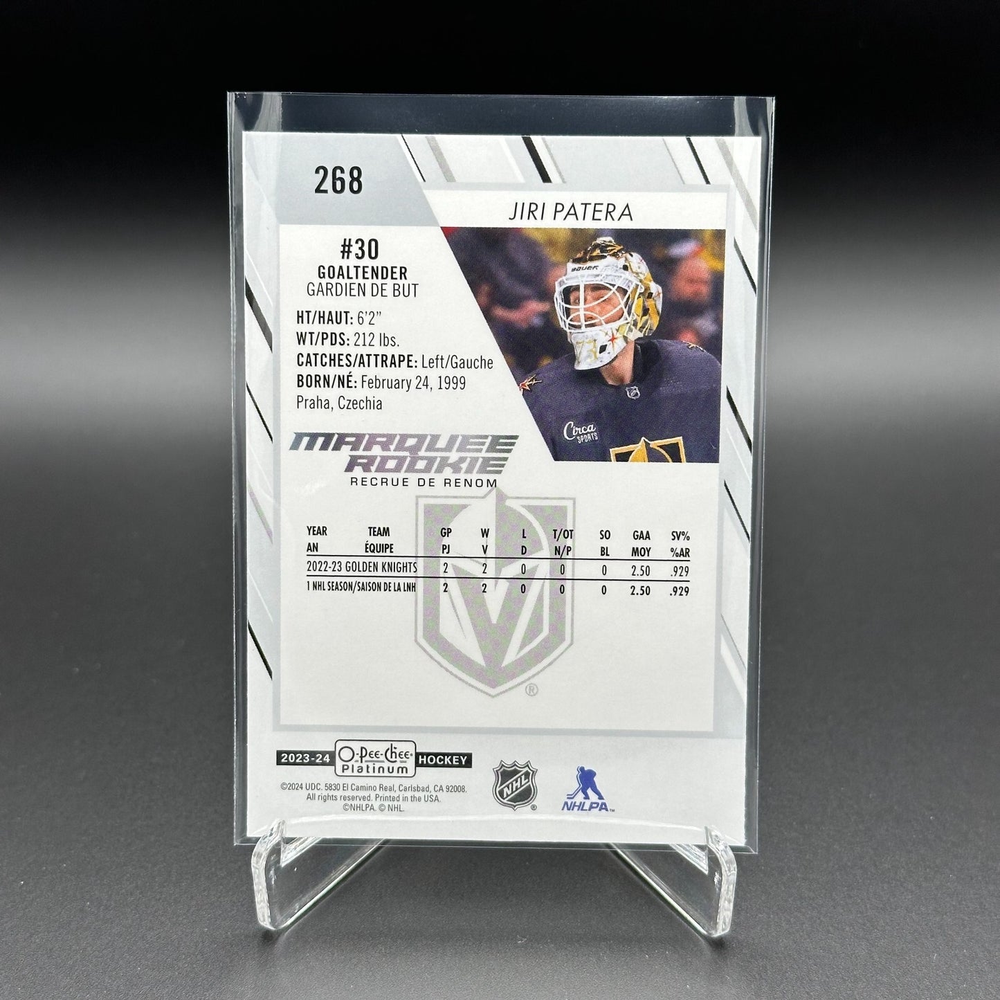 2023-24 OPC Platinum JIRI PATERA #268 Marquee rookie RC - Vegas Golden Knights