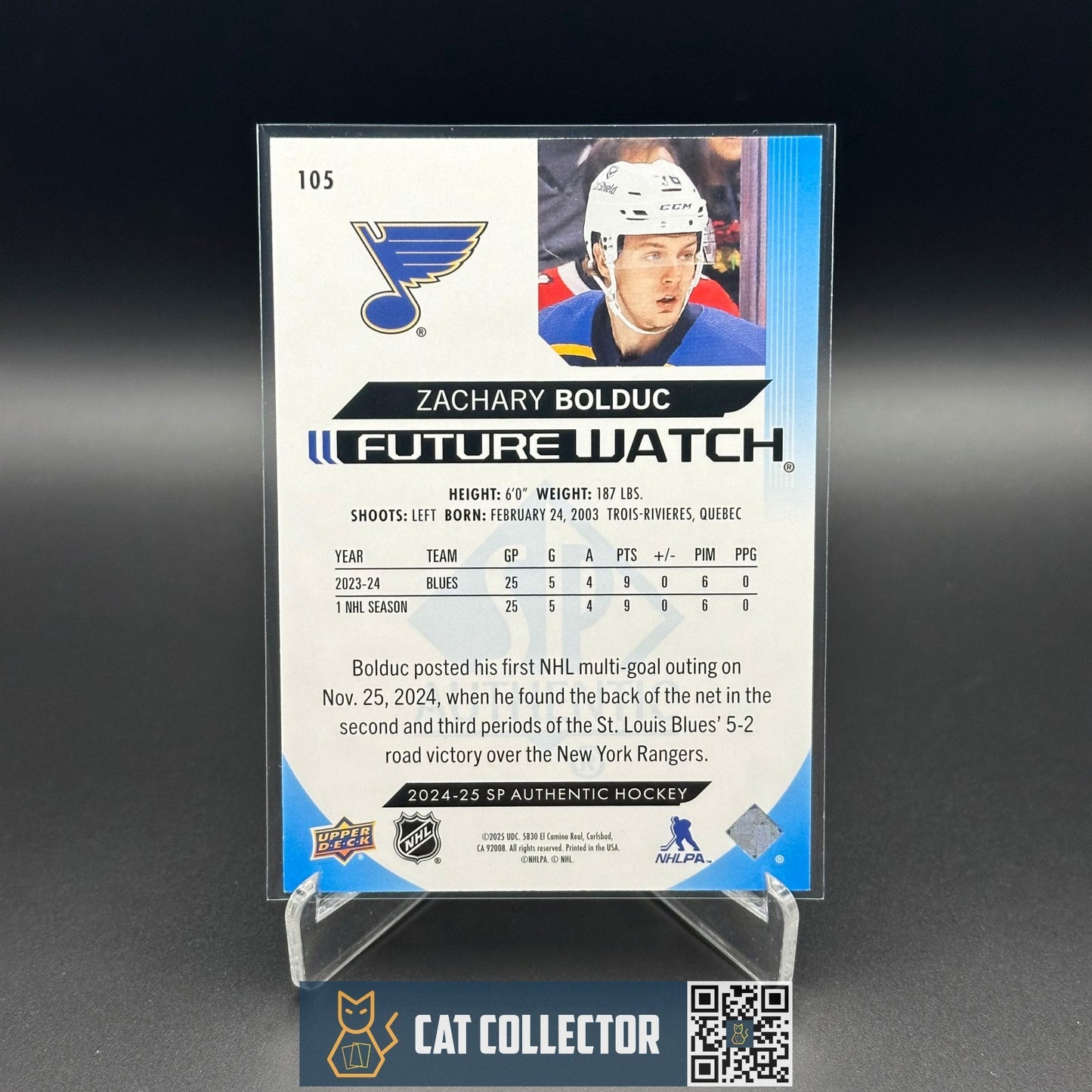 2024-25 UD SP Authentic ZACHARY BOLDUC #105 Future Watch Limited Blue RC /399
