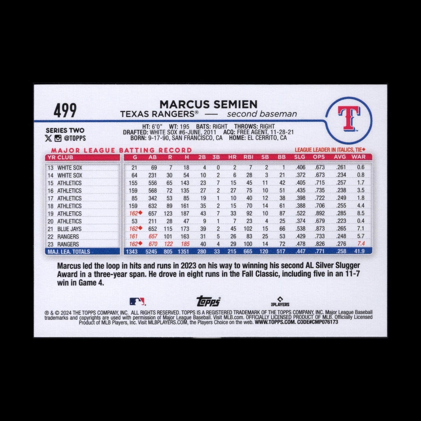 2024 Topps Series 2 MARCUS SEMIEN #499 Yellow border parallel - Texas Rangers