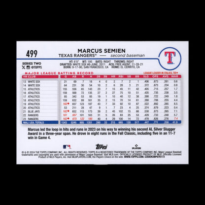 2024 Topps Series 2 MARCUS SEMIEN #499 Yellow border parallel - Texas Rangers