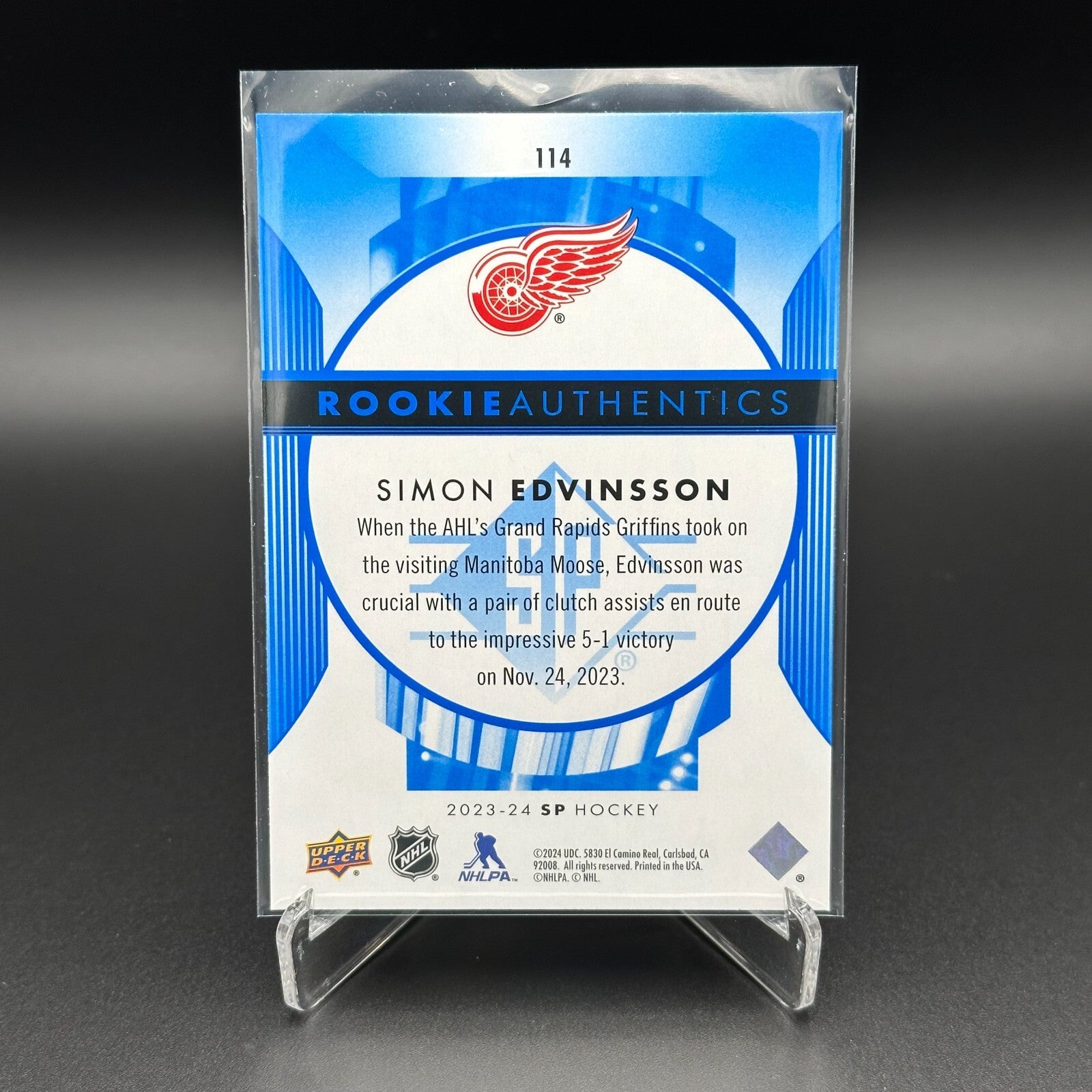 2023-24 UD SP Authentic SIMON EDVINSSON #114 Rookie Authentics Detroit Red Wings