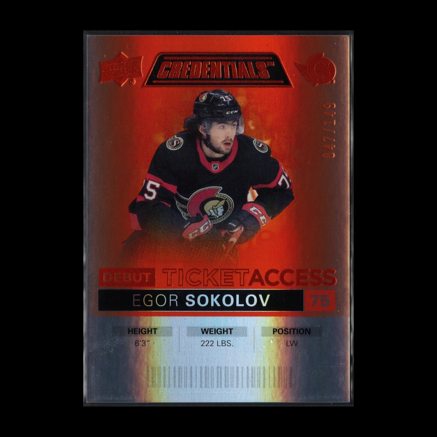 2021-22 UD Credentials EGOR SOKOLOV #104 Debut Ticket Access Orange RC /149