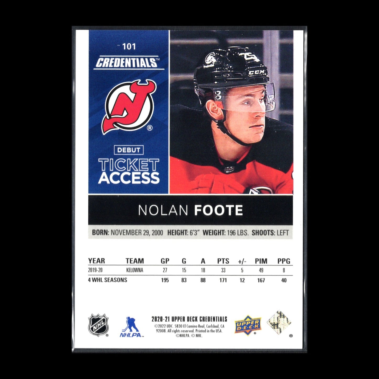 2020-21 UD Credentials NOLAN FOOTE #101 Debut Ticket Access RC /799 - NJ Devils