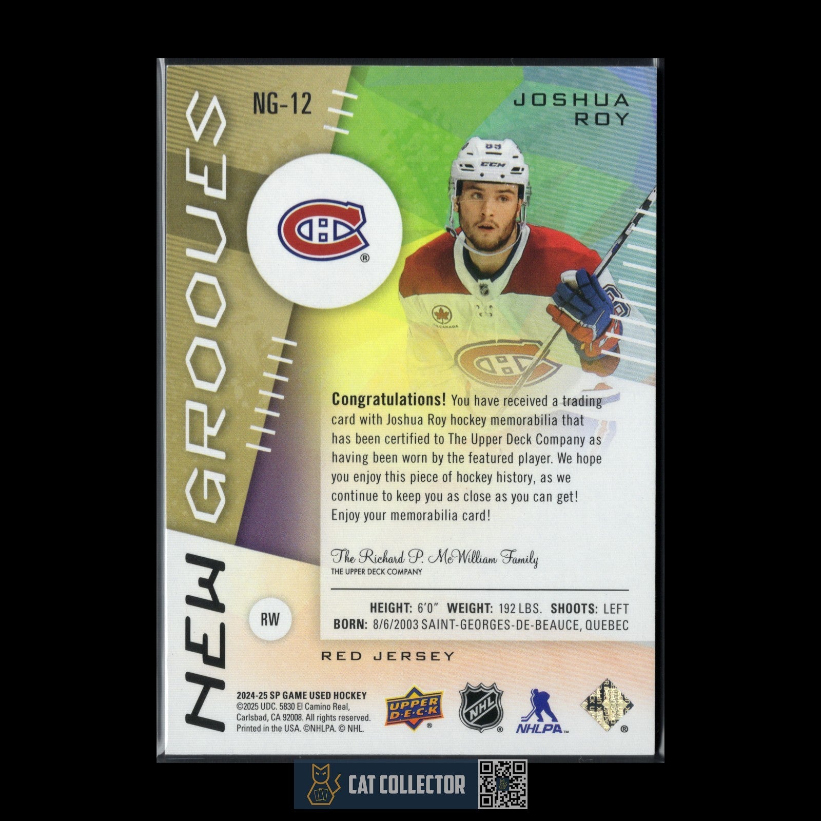 2024-25 UD SP Game Used JOSHUA ROY #NG-12 New Grooves Red Jersey RC Rookie