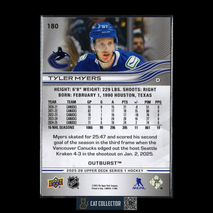 2025-26 UD Series 1 TYLER MYERS #180 Outburst - Vancouver Canucks