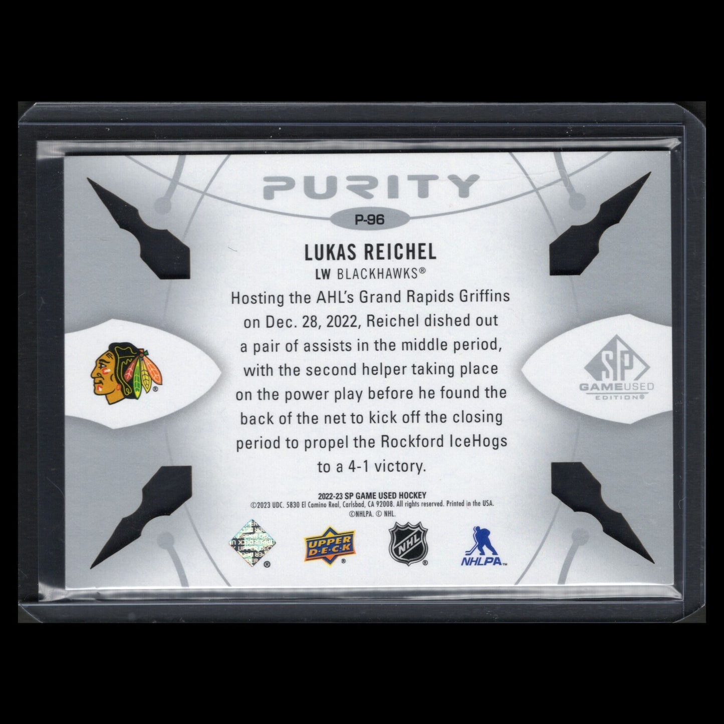 2022-23 UD SP Game Used LUKAS REICHEL #P-96 Purity - Chicago Blackhawks