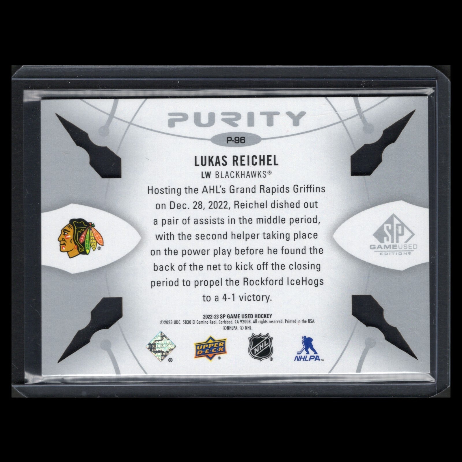 2022-23 UD SP Game Used LUKAS REICHEL #P-96 Purity - Chicago Blackhawks