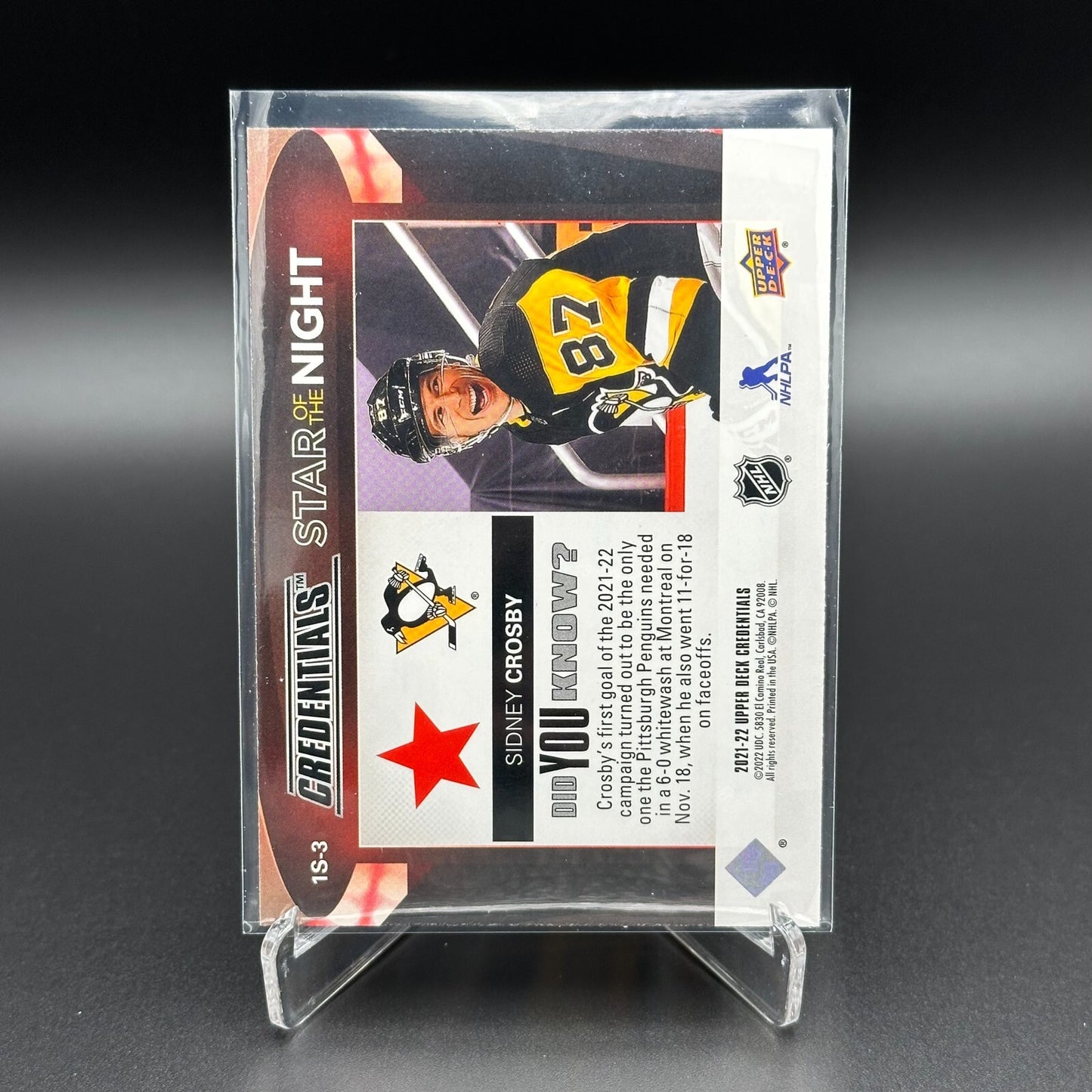 2021-22 UD Credentials SIDNEY CROSBY #1S-3 First Star of the Night