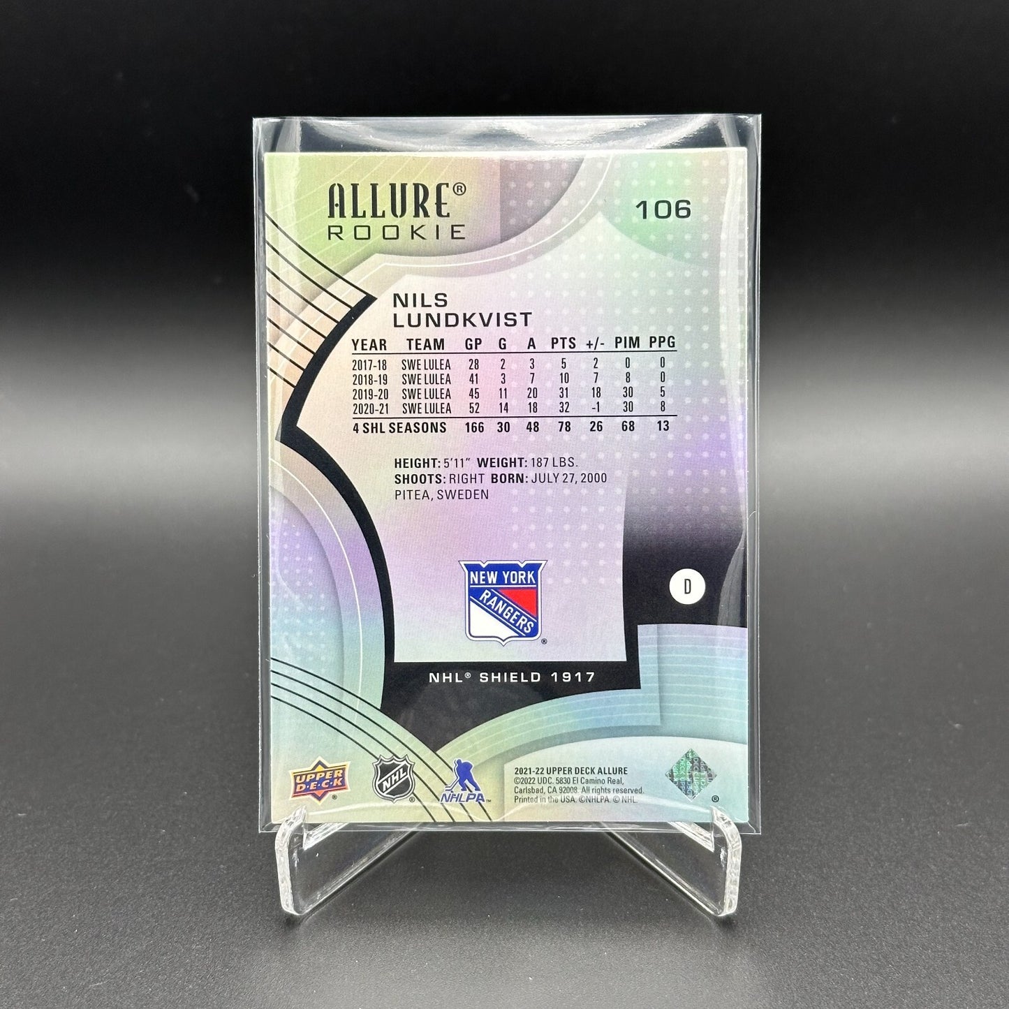 2021-22 UD Allure NILS LUNDKVIST #106 NHL Shield 1917 Rookie RC