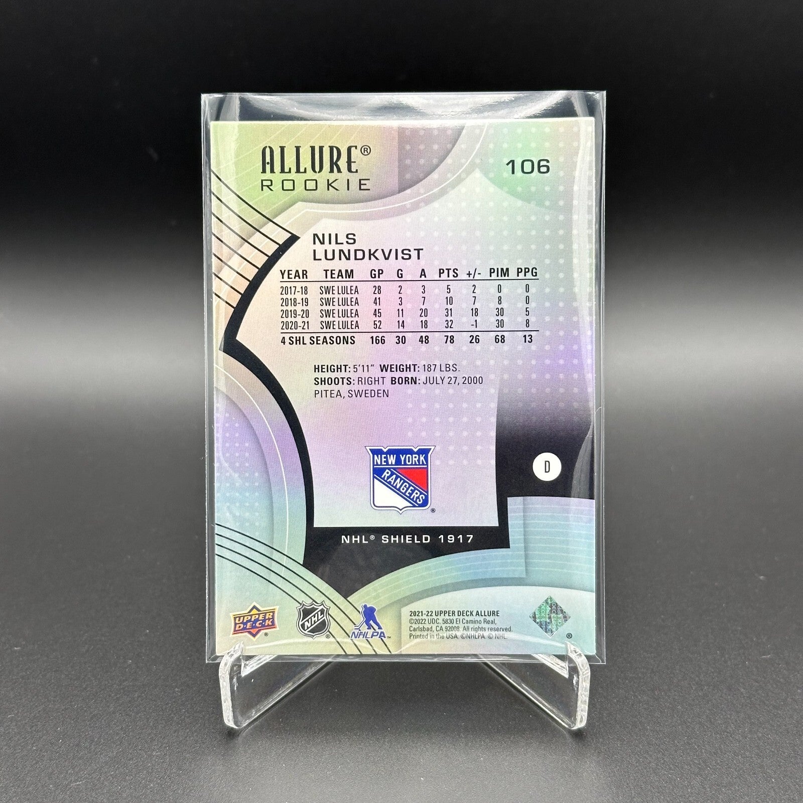 2021-22 UD Allure NILS LUNDKVIST #106 NHL Shield 1917 Rookie RC
