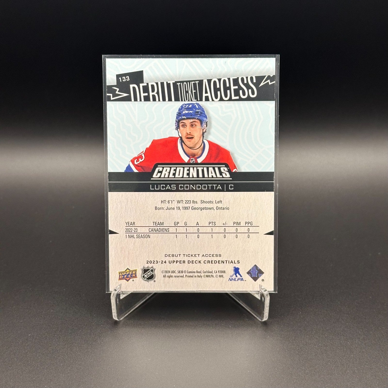 2023-24 UD Credentials LUCAS CONDOTTA #133 Debut Ticket Access Rookie RC /999