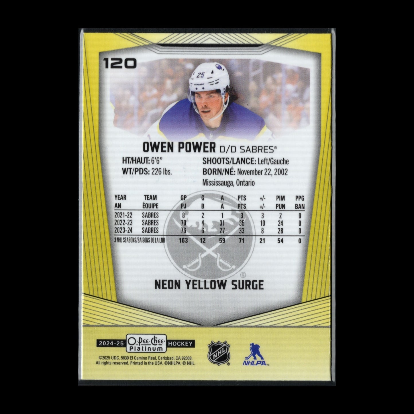 2024-25 O-Pee-Chee Platinum OWEN POWER #120 Neon Yellow Surge - Buffalo Sabres