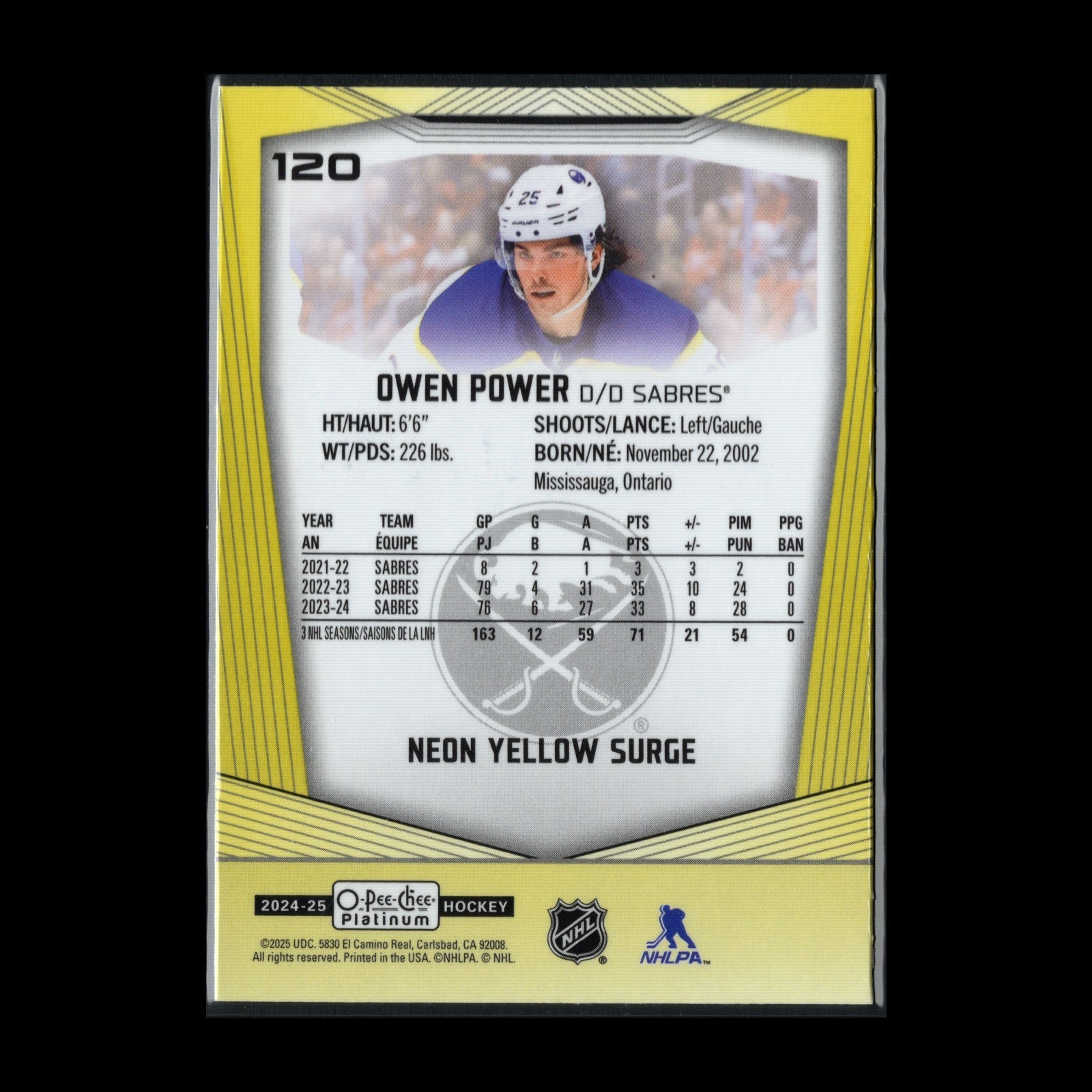 2024-25 O-Pee-Chee Platinum OWEN POWER #120 Neon Yellow Surge - Buffalo Sabres