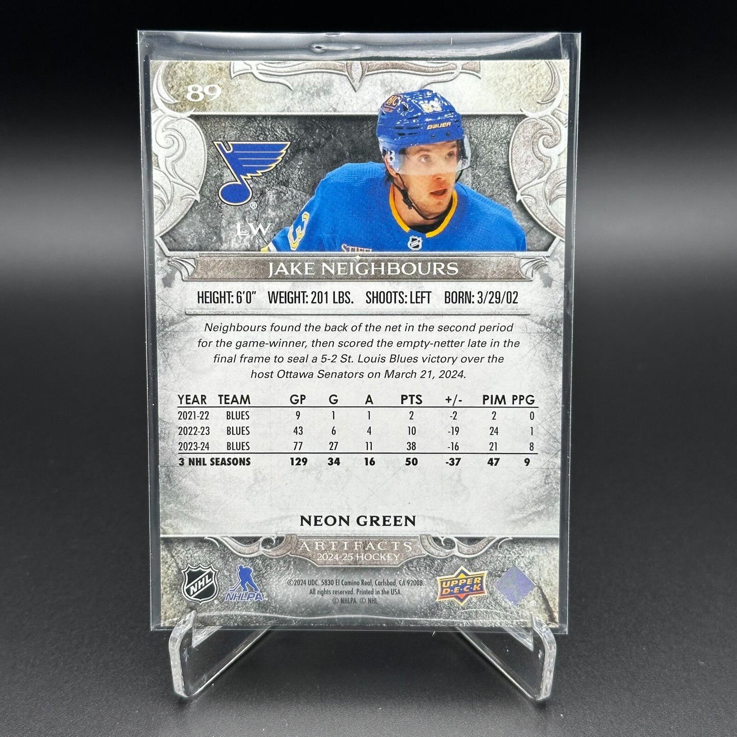 2024-25 UD Artifacts JAKE NEIGHBOURS #89 Neon Green - St. Louis Blues