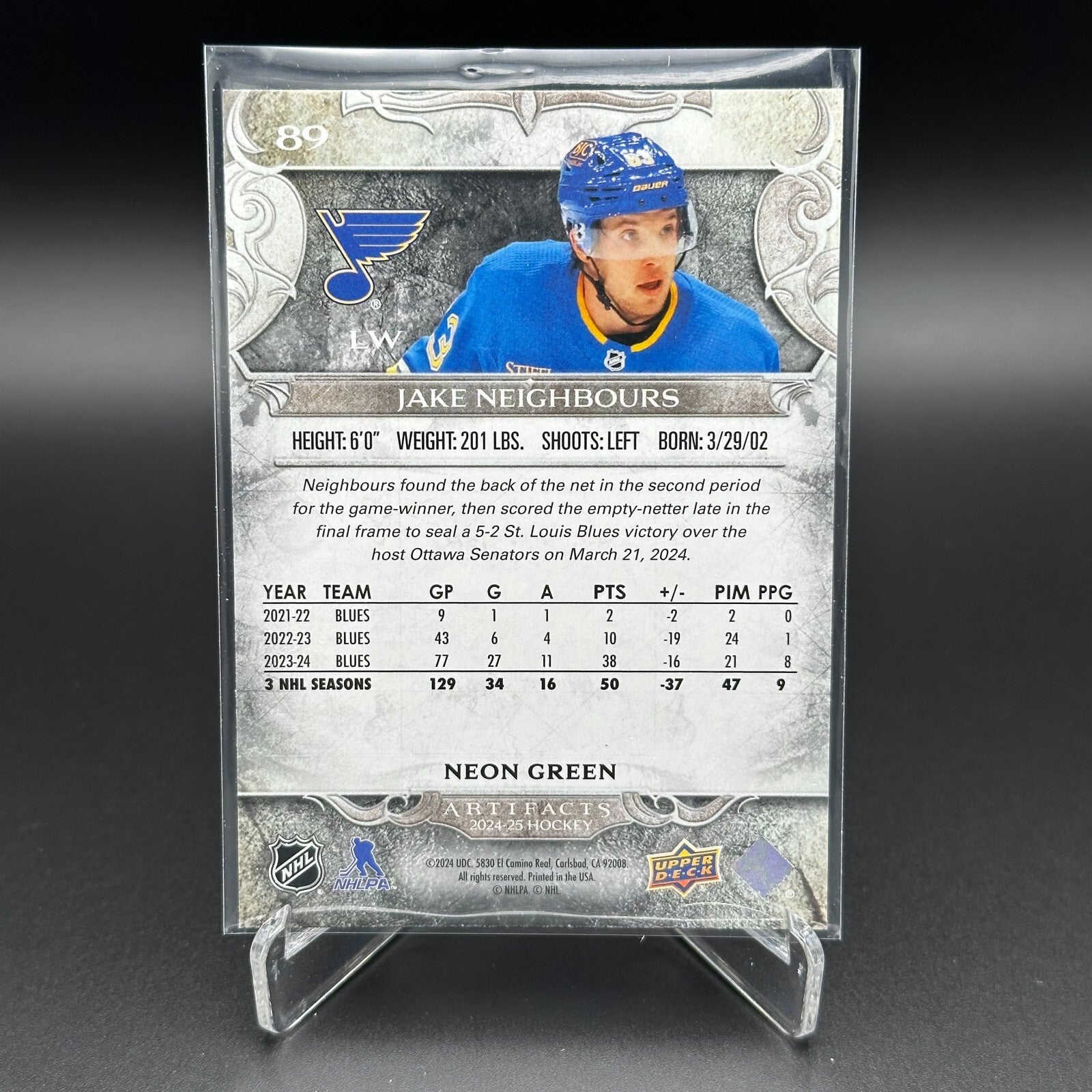2024-25 UD Artifacts JAKE NEIGHBOURS #89 Neon Green - St. Louis Blues