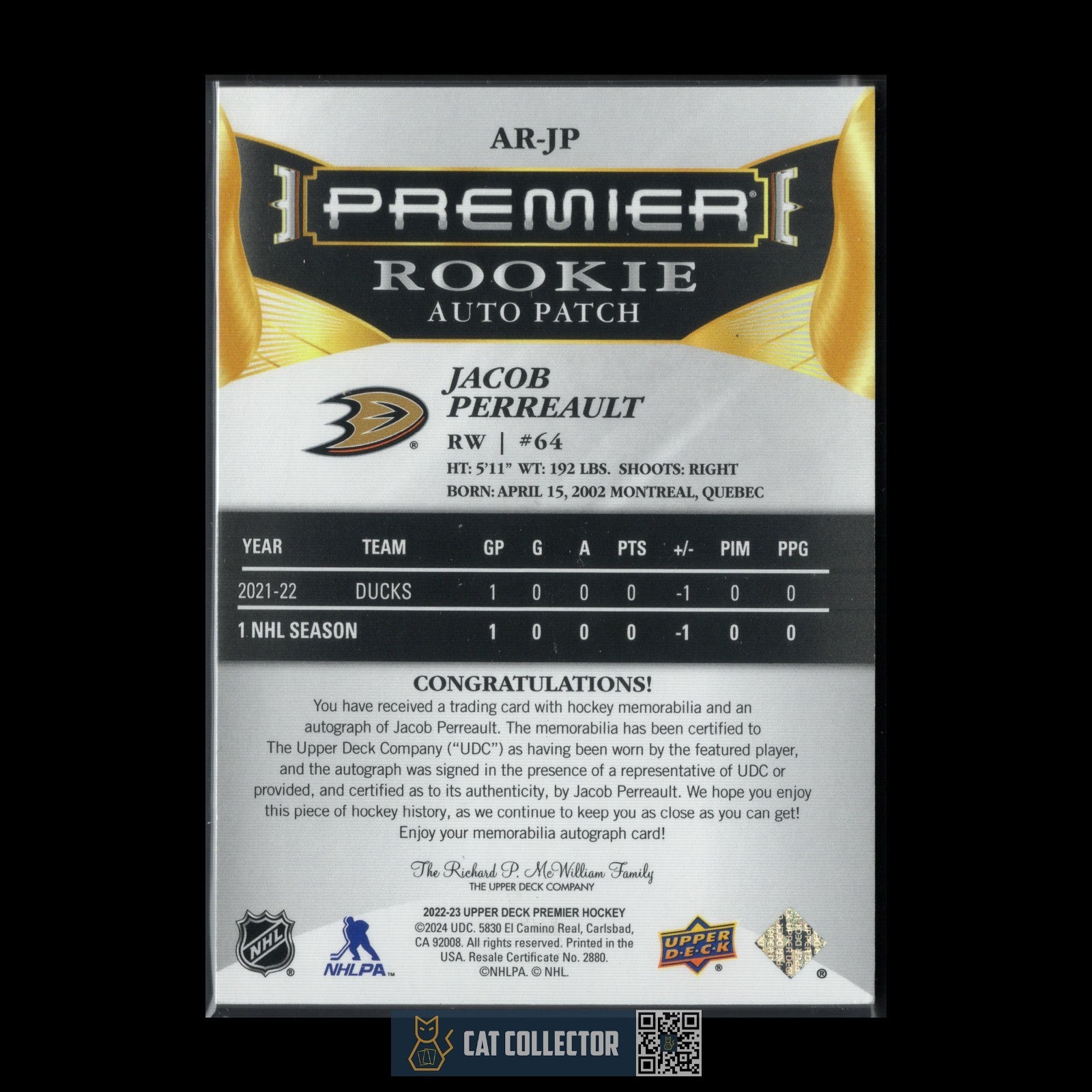 2022-23 UD Premier JACOB PERREAULT #AR-JP Rookie Auto Patch RC /249