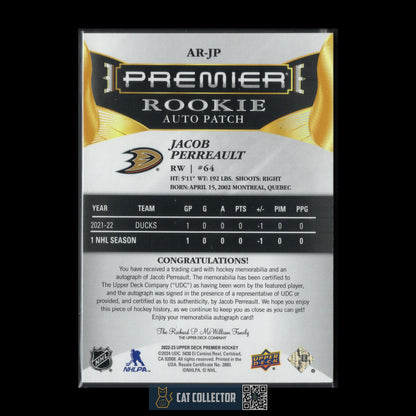 2022-23 UD Premier JACOB PERREAULT #AR-JP Rookie Auto Patch RC /249