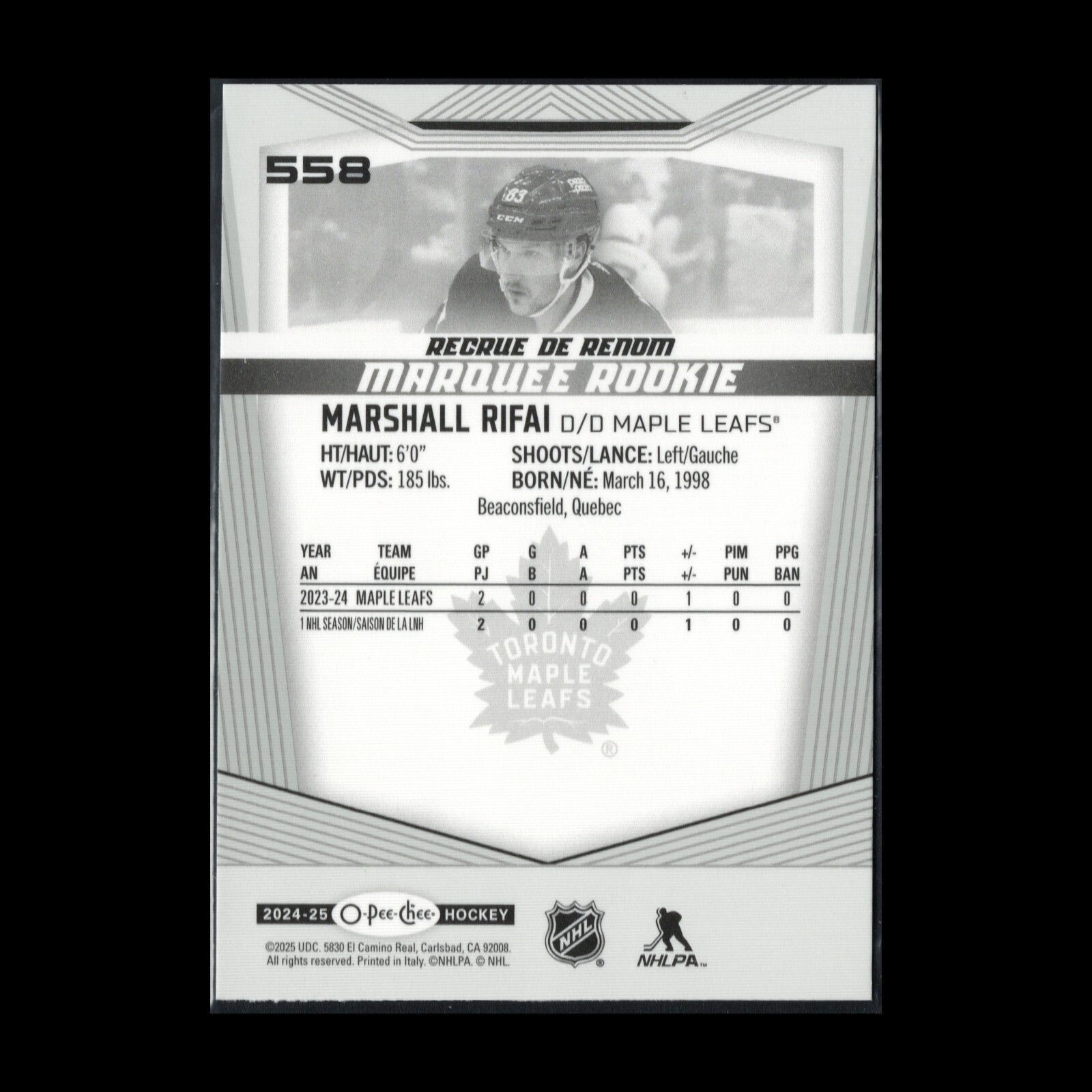2024-25 O-Pee-Chee MARSHALL RIFAI #558 Marquee Rookie RC
