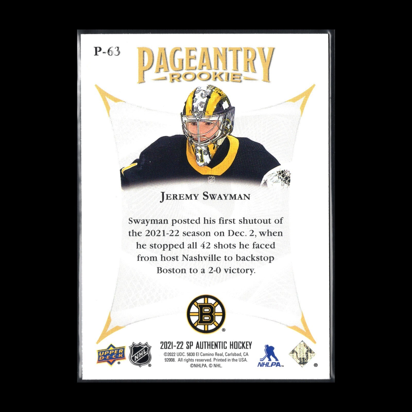 2021-22 UD SP Authentic JEREMY SWAYMAN #P-63 Pageantry Rookie - Boston Bruins