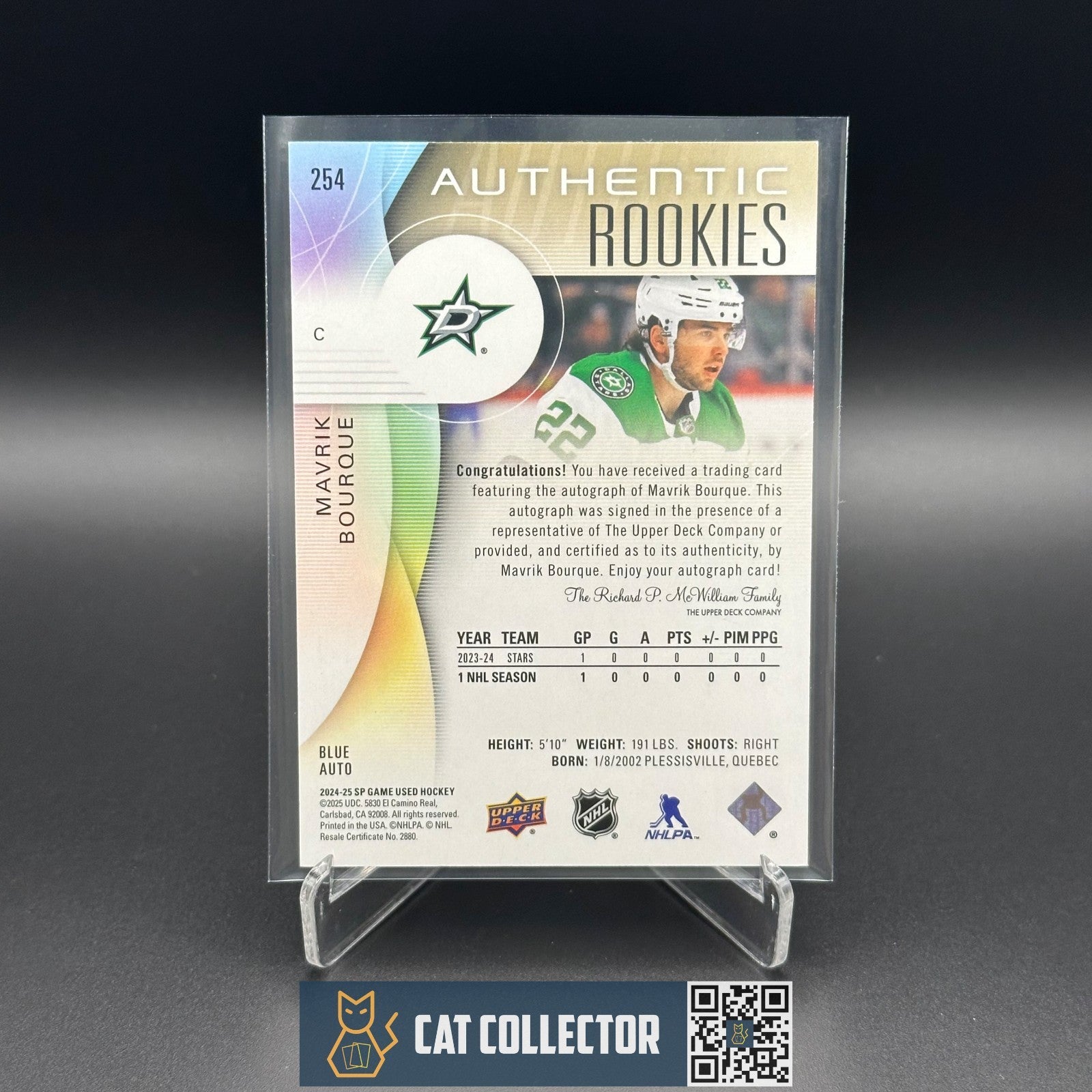2024-25 UD SP Game Used MAVRIK BOURQUE #254 Blue AUTO Rookie RC - Dallas Stars