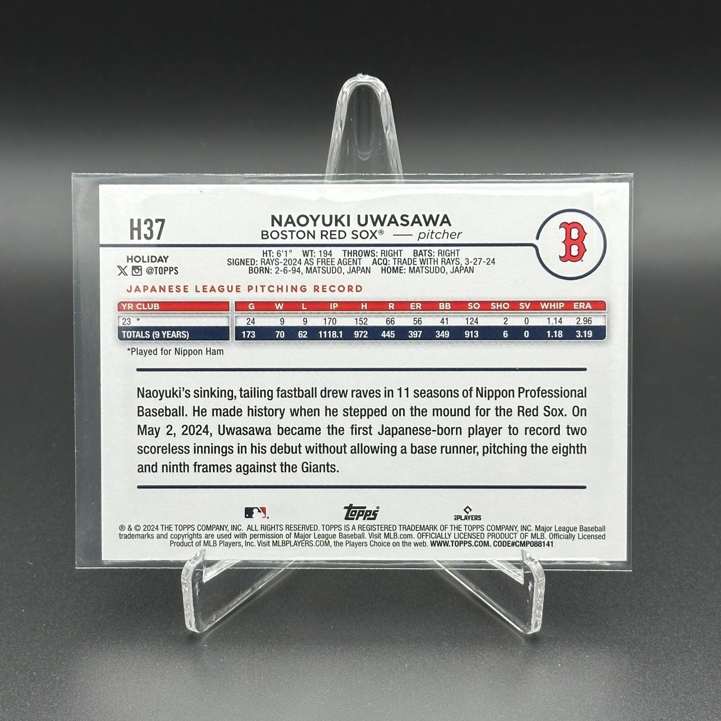 2024 Topps Holiday NOAYUKI UWASAWA #H37 RC - Boston Red Sox