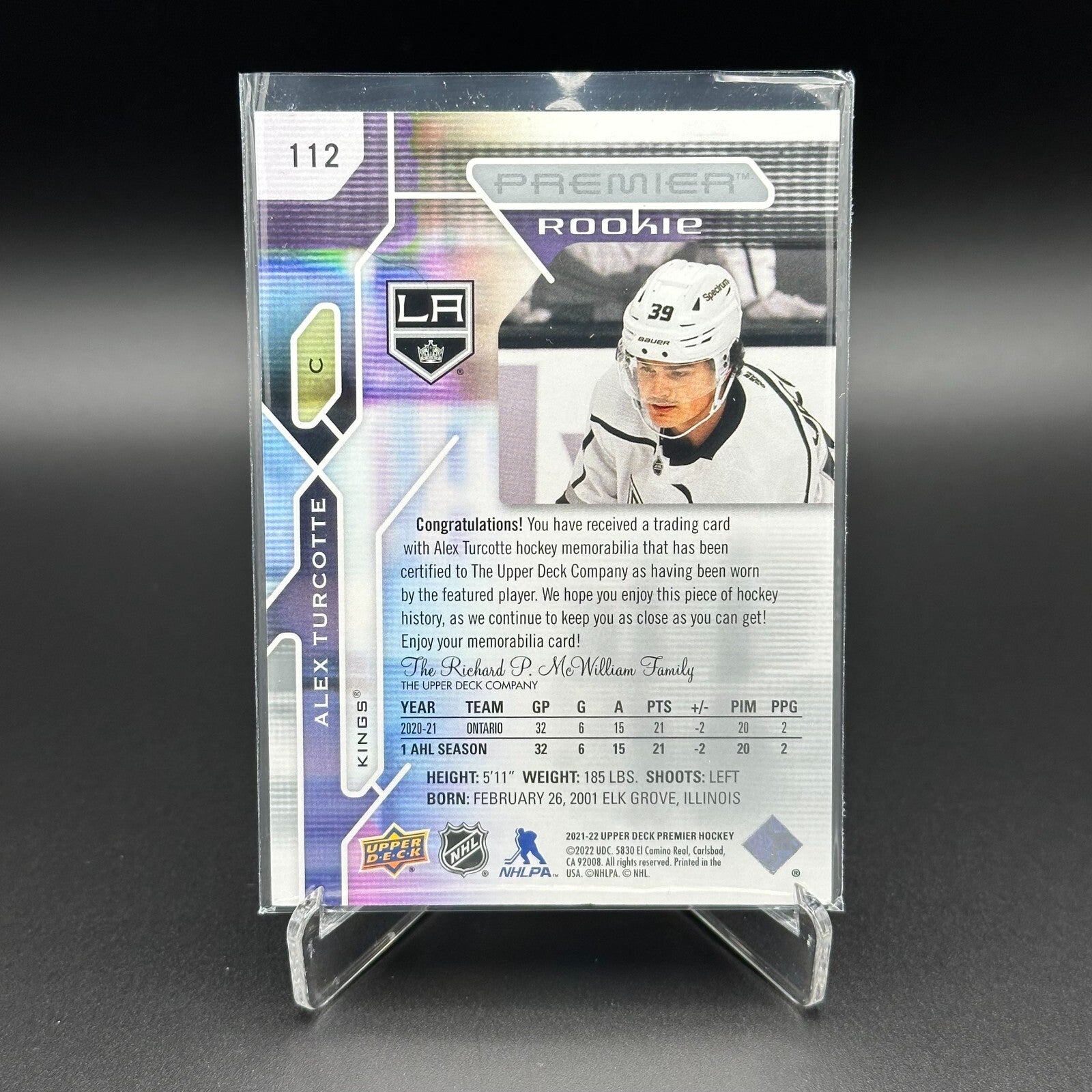 2021-22 UD Premier ALEX TURCOTTE #112 Jersey RC - Los Angeles Kings
