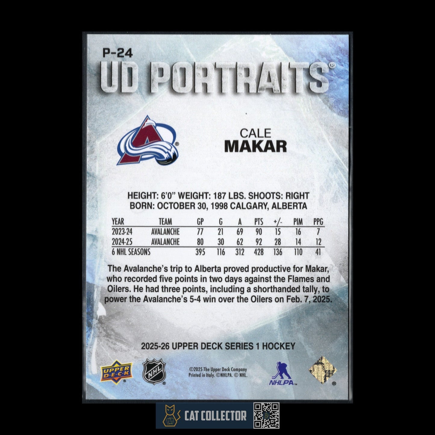 2025-26 UD Series 1 CALE MAKAR #P-24 UD Portraits - Colorado Avalanche
