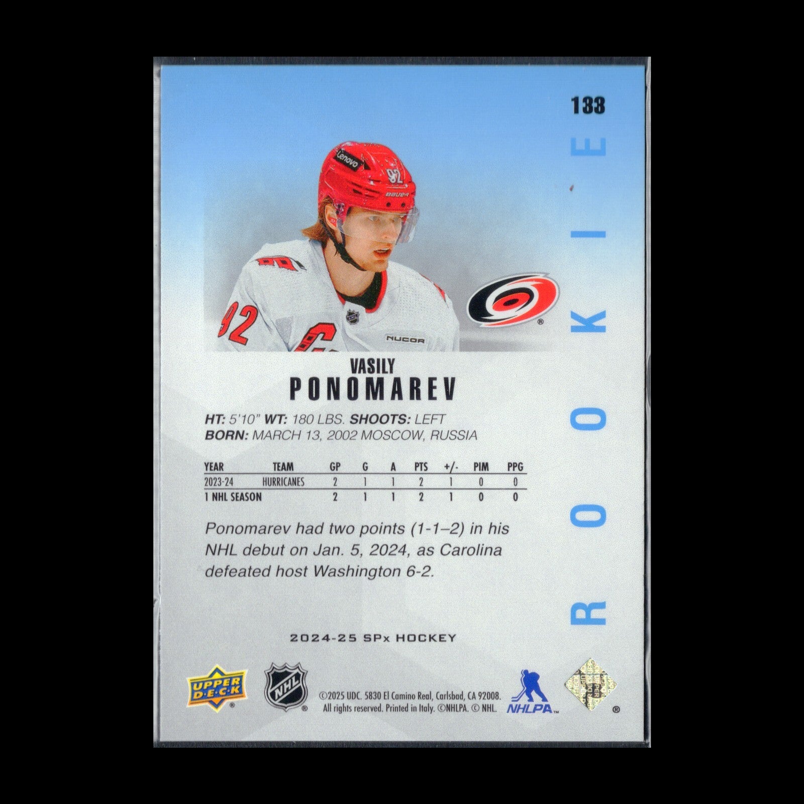 2024-25 Upper Deck SPx VASILY PONOMAREV #133 RC - Carolina Hurricanes