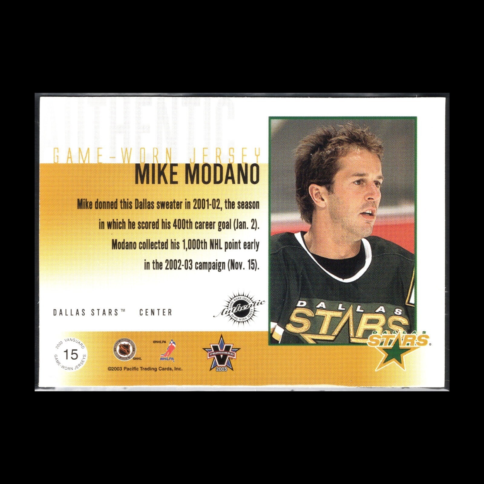 2002-03 Pacific Vanguard MIKE MODANO #15 Authentic Game-Worn Jersey 48/50