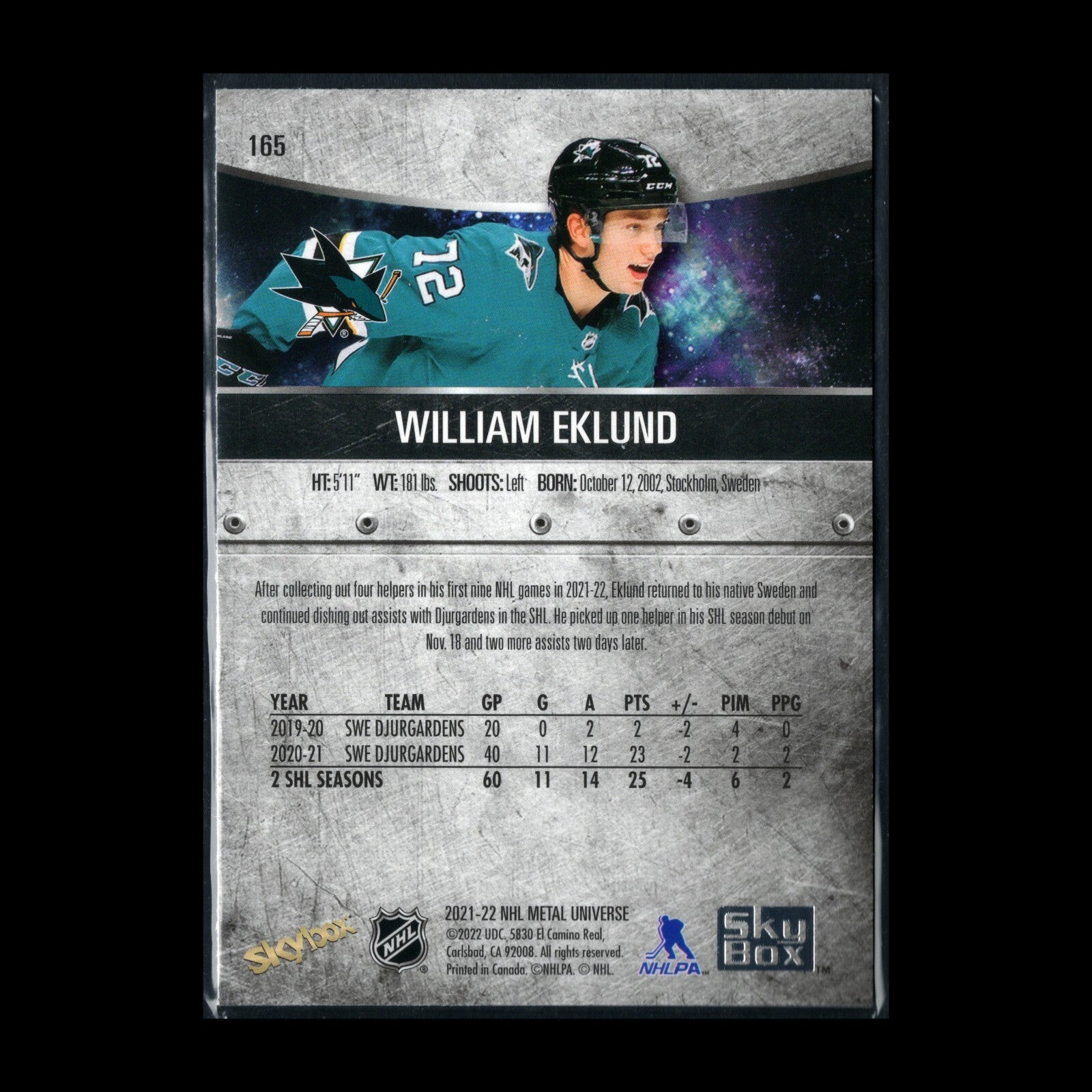 2021-22 SkyBox Metal Universe WILLIAM EKLUND #165 Rookie RC - San Jose Sharks