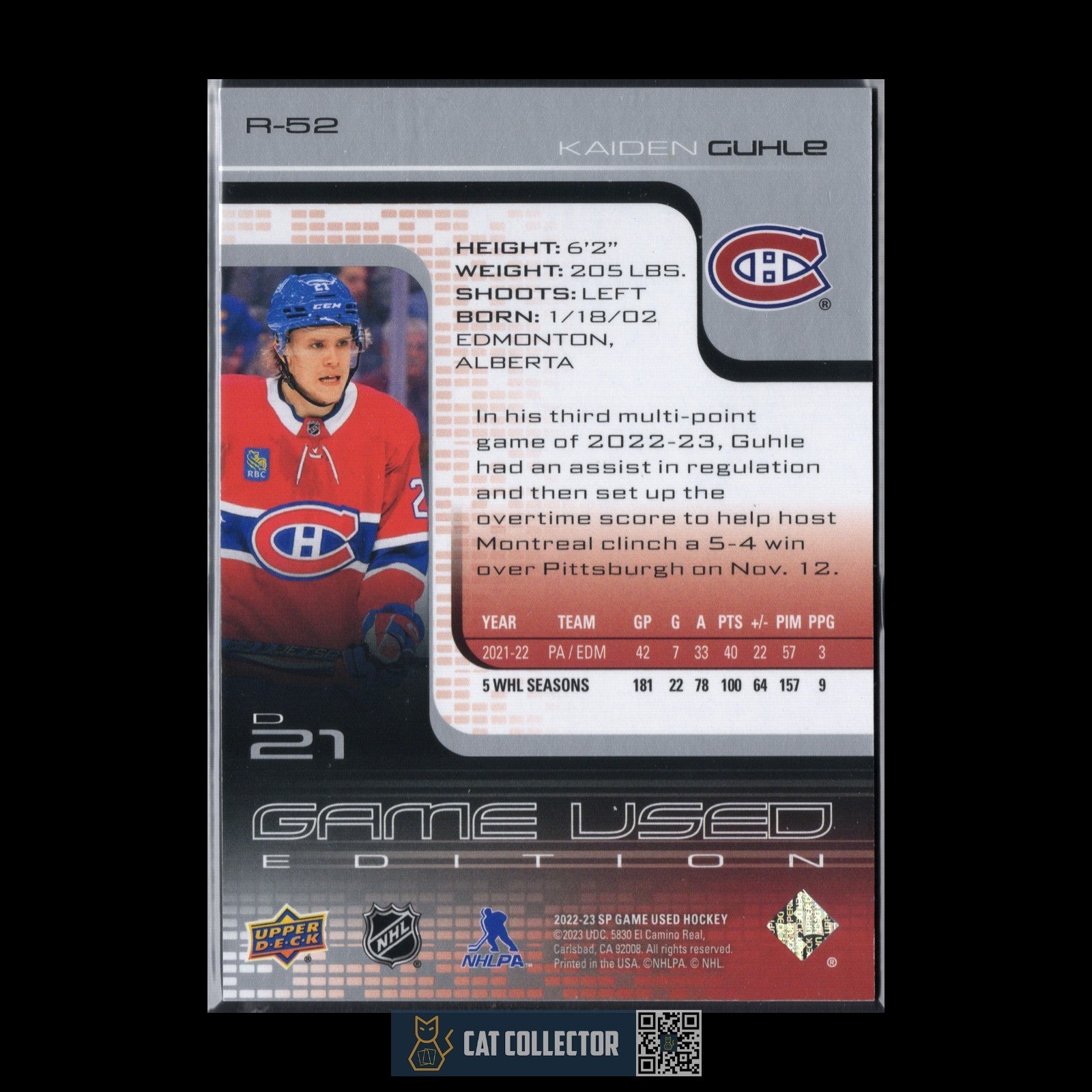 2022-23 UD SP Game Used KAIDEN GUHLE #RC-52 Retro Rookie RC /999