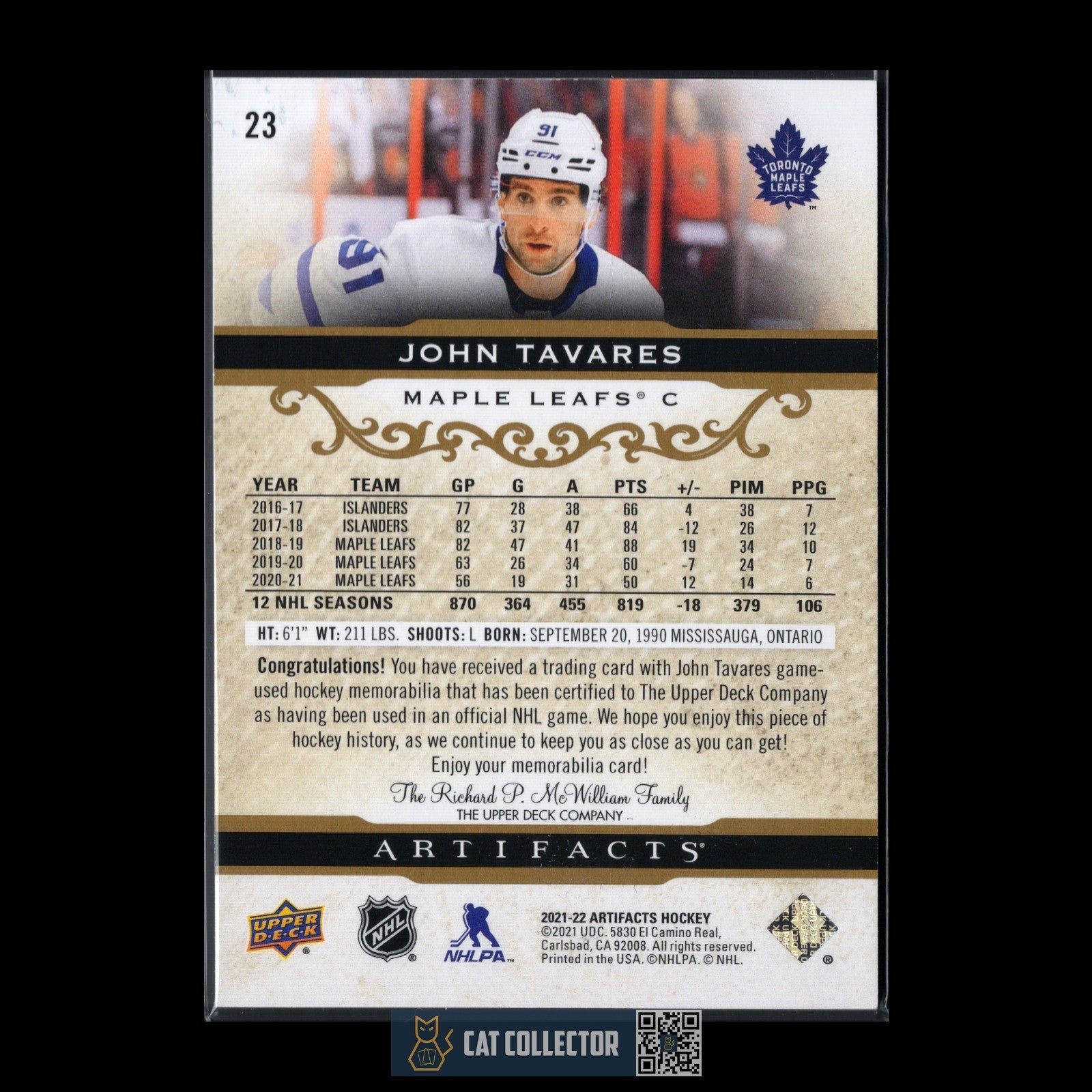 2021-22 UD Artifacts JOHN TAVARES #23 Gold Material Dual Jersey /249