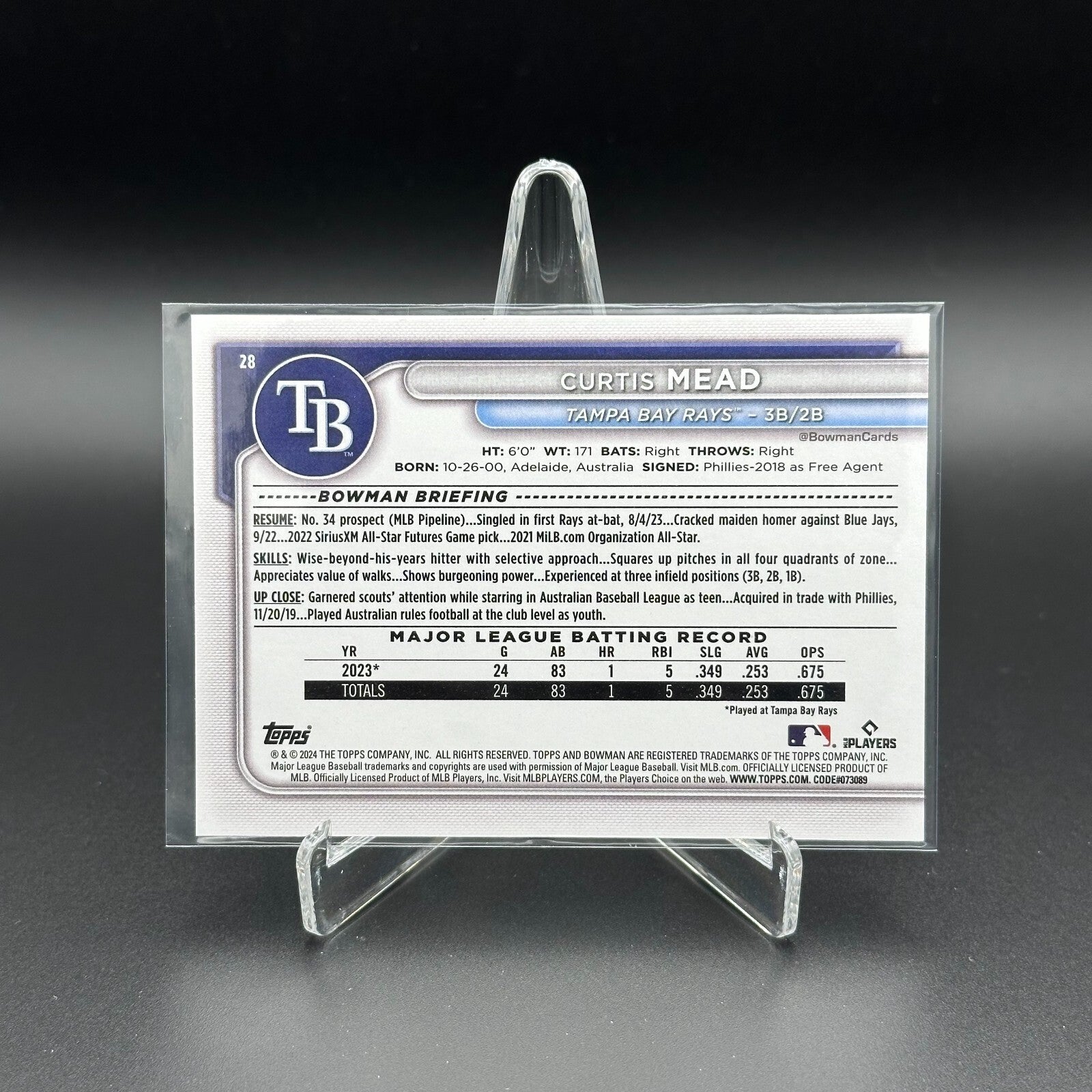 2024 Topps Bowman CURTIS MEAD #28 Prospect RC - Tampa Bay Rays