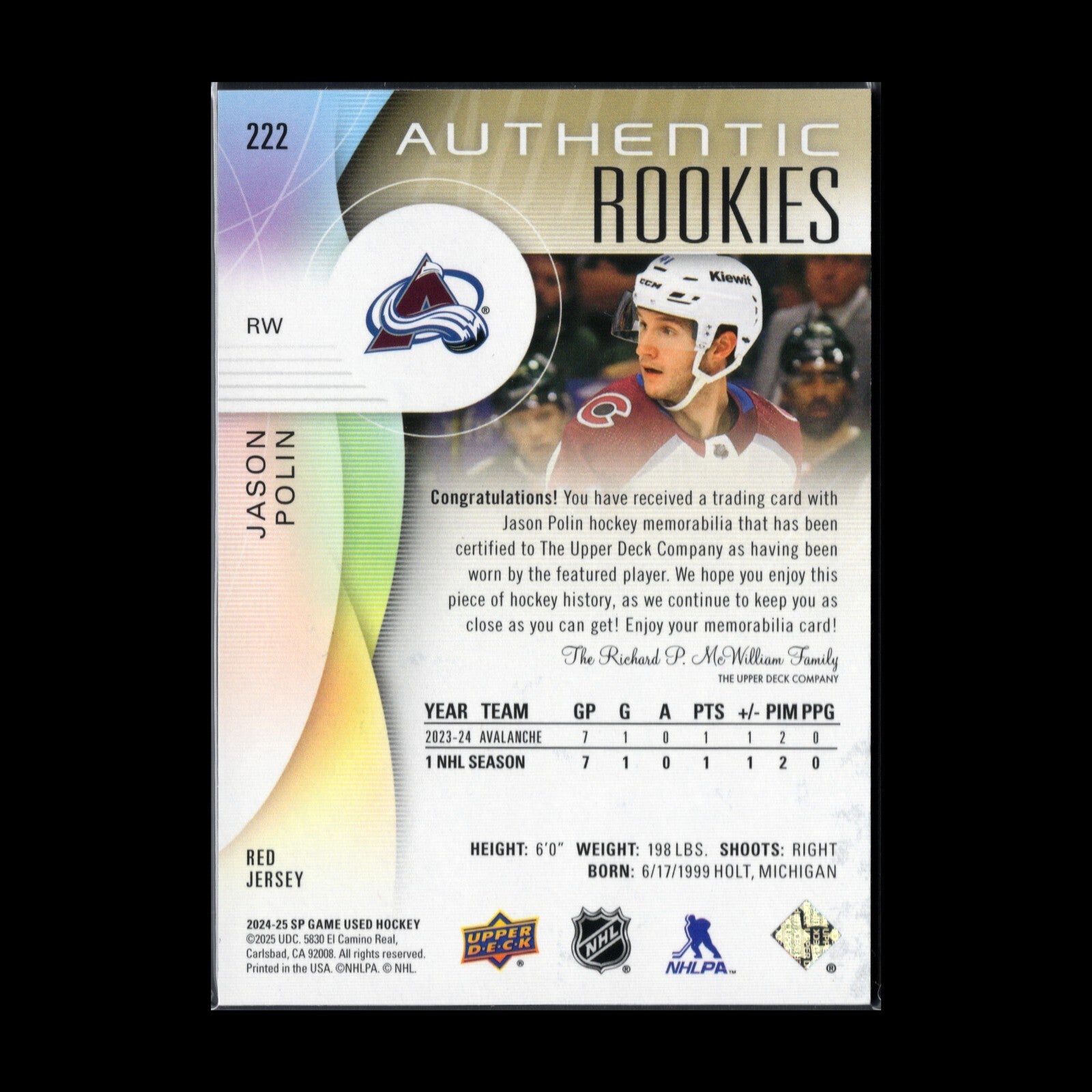 2024-25 Upper Deck SP Game Used JASON POLIN #222 Red Jersey Rookie RC