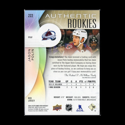 2024-25 Upper Deck SP Game Used JASON POLIN #222 Red Jersey Rookie RC