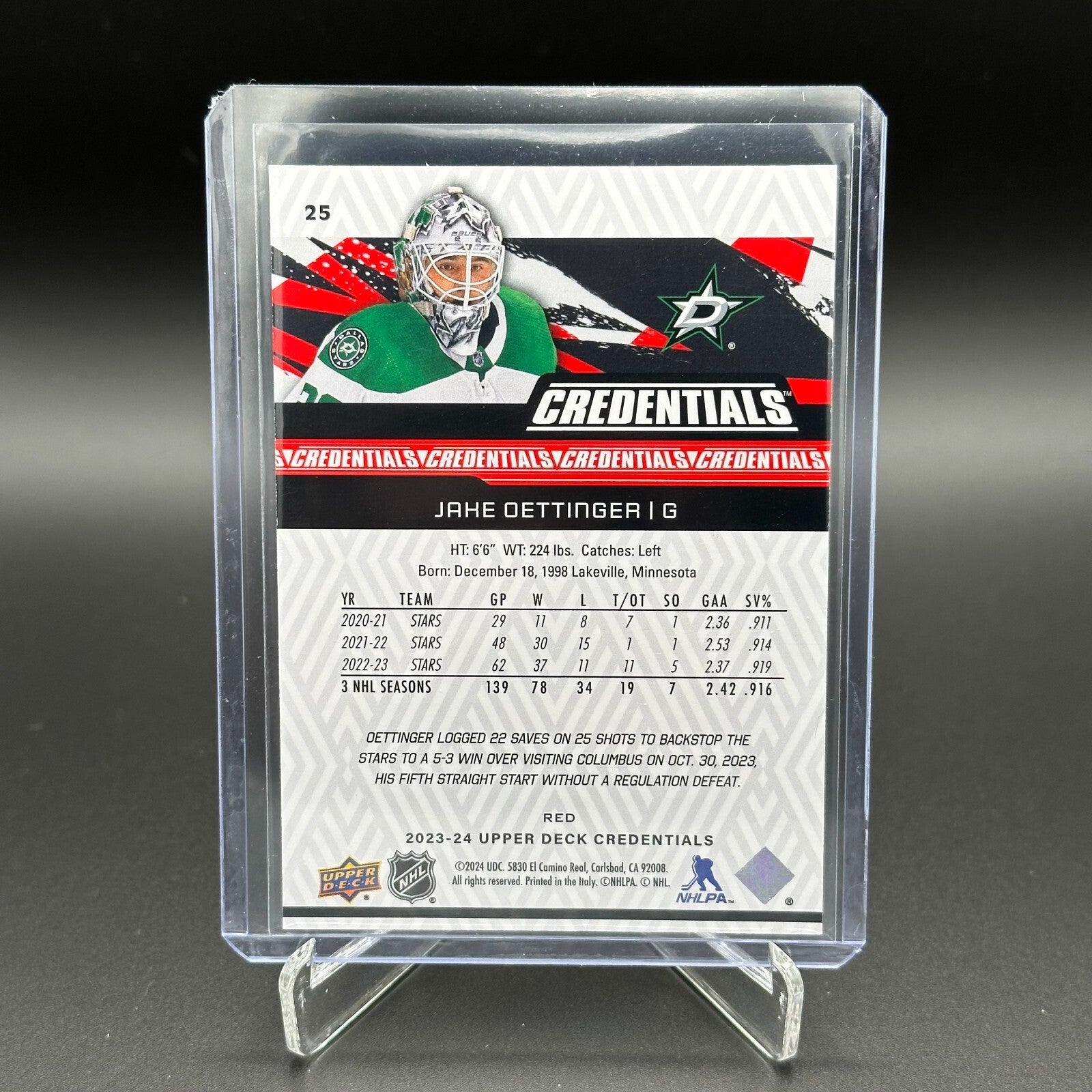 2023-24 UD Credentials JAKE OETTINGER #25 Red 273/349 - Dallas Stars