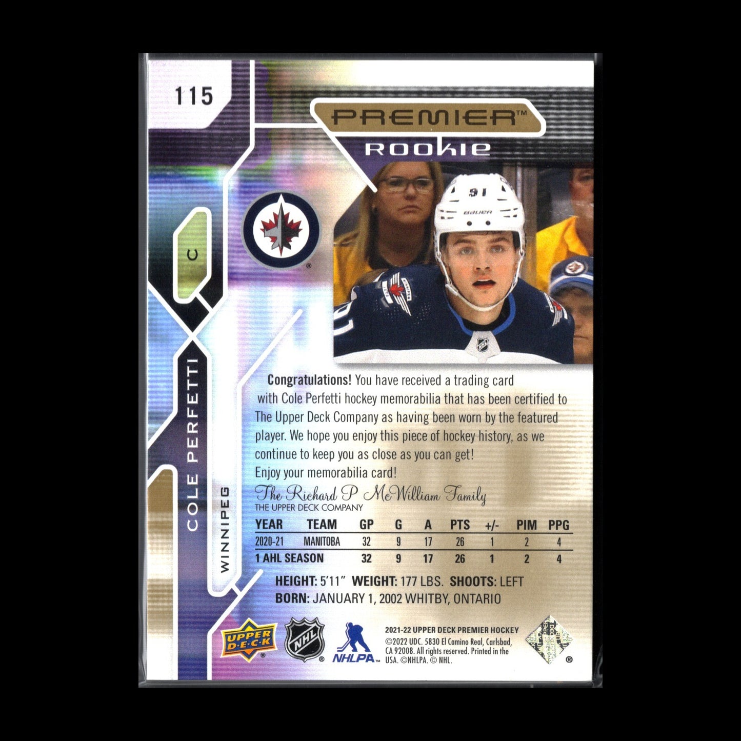 2021-22 UD Premier COLE PERFETTI #115 Patch Rookie RC 18/49 - Winnipeg Jets