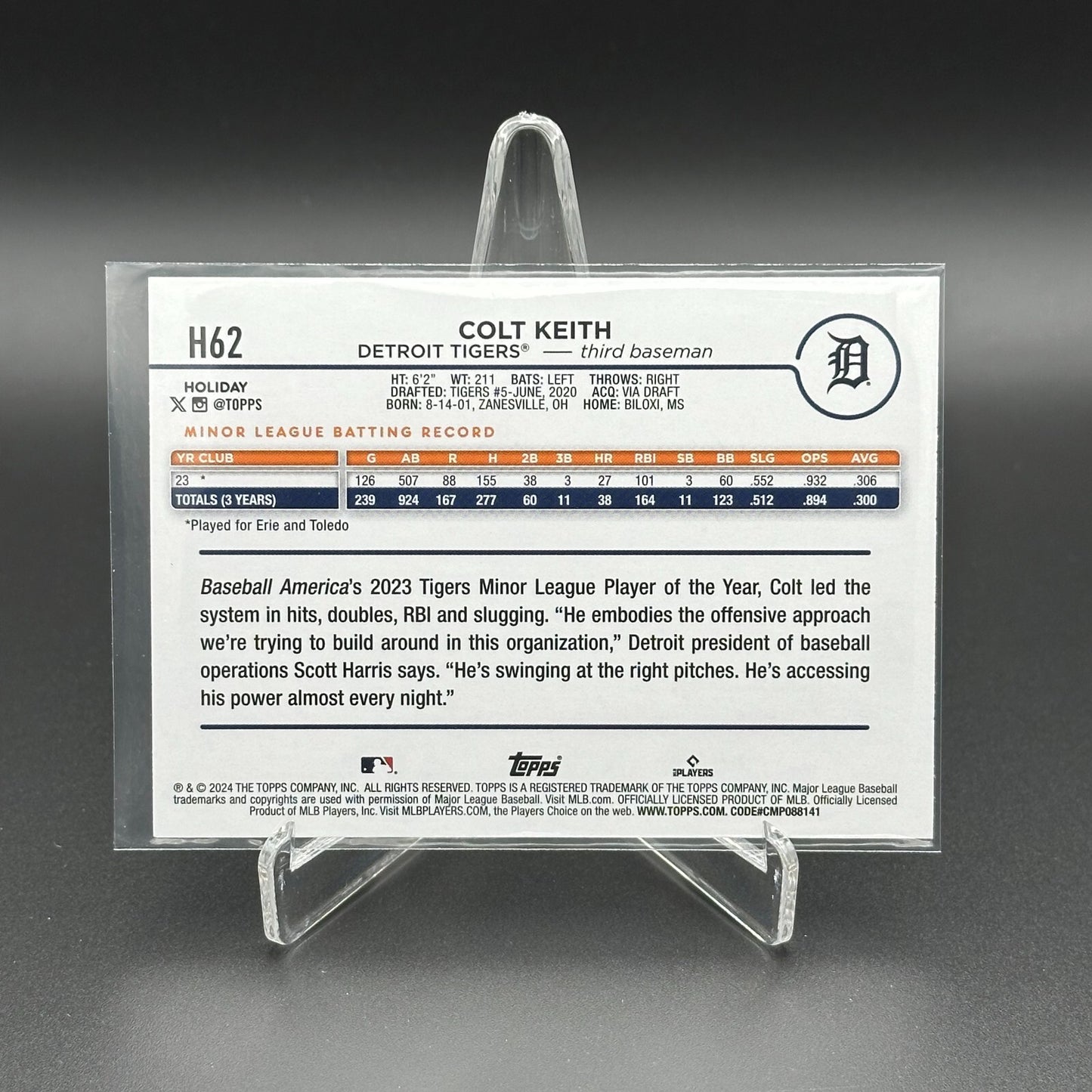2024 Topps Holiday COLT KEITH #H62 RC - Detroit Tigers