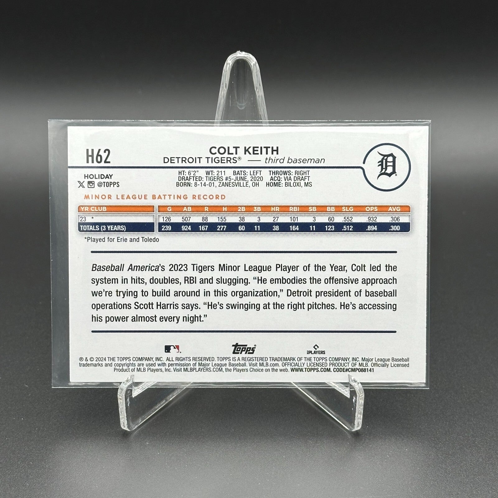 2024 Topps Holiday COLT KEITH #H62 RC - Detroit Tigers